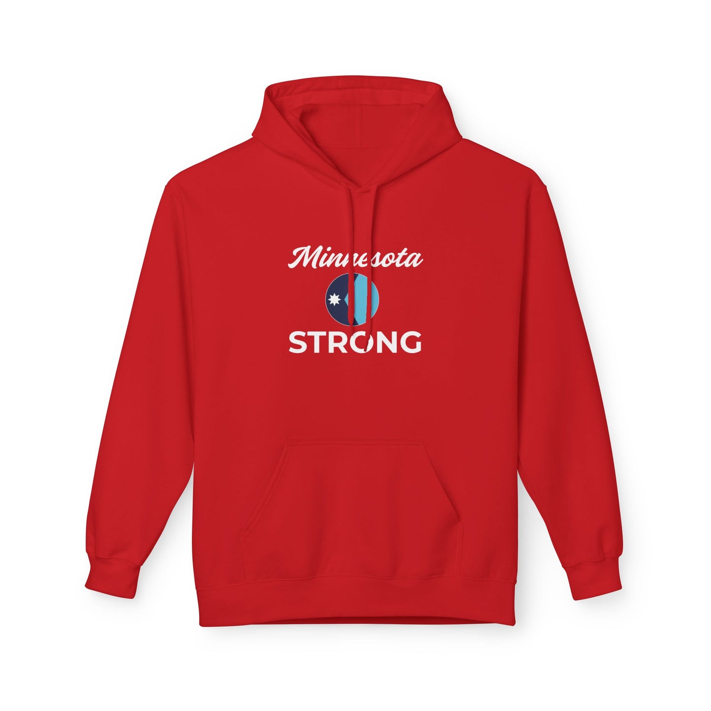 Red hoodie with Minnesota and a circular emblem, STRONG below. Cozy fleece, relaxed fit, large pouch pocket, sustainable. Love and Peace The Light Adult Minnesota Strong Hoodie.