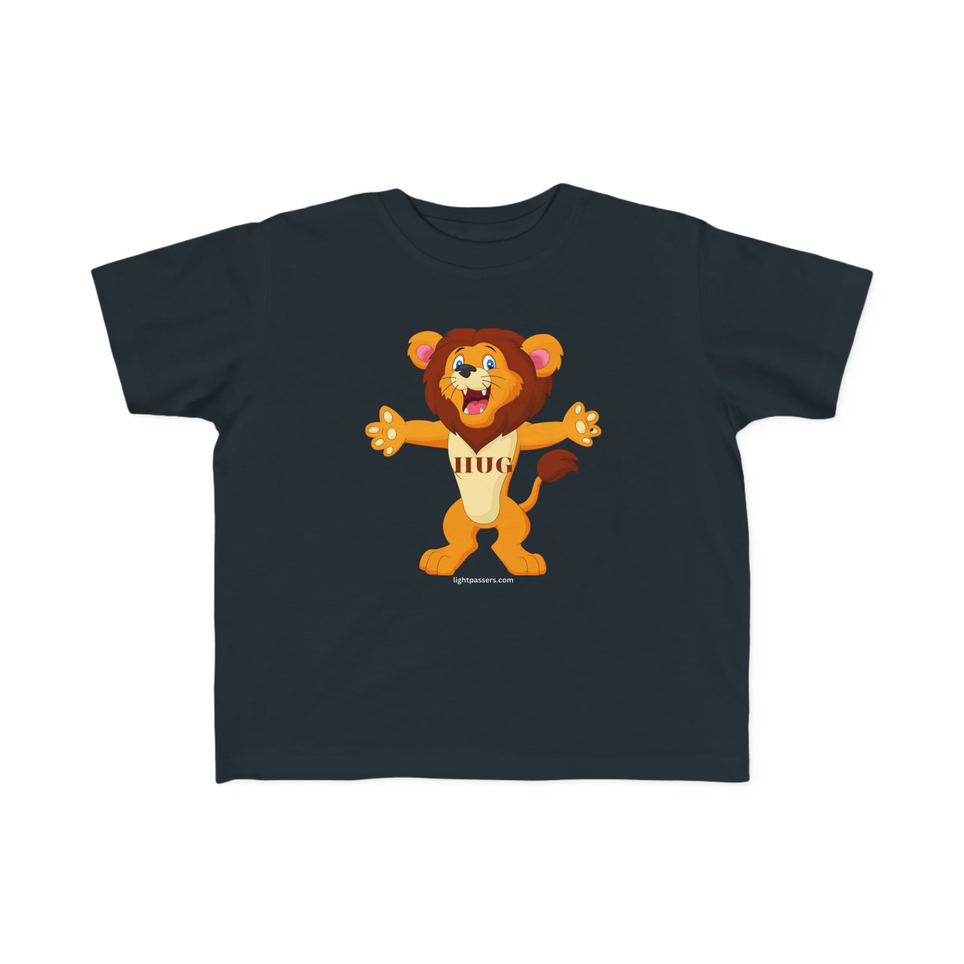 A toddler's Hug Lion T-shirt with a cartoon lion print, arms outstretched, on soft, durable fabric. 100% combed cotton, tear-away label, classic fit.