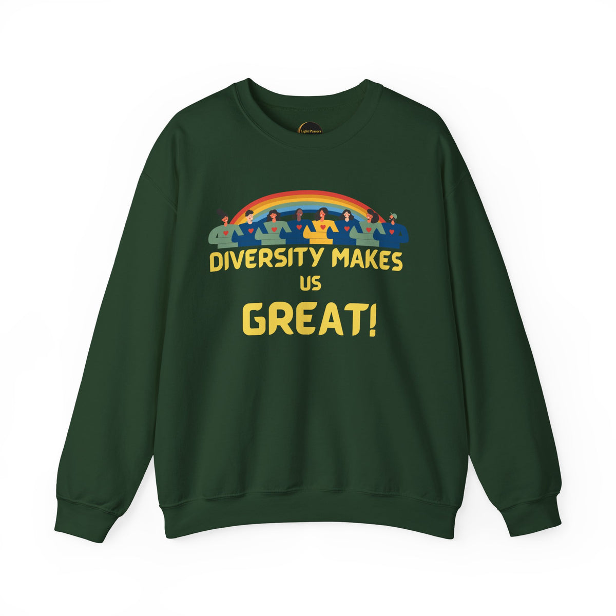 Diversity Makes Us Great Adult Unisex Crew Neck Sweatshirt — Inclusive Rainbow Crewneck Yellow or Black Letters
