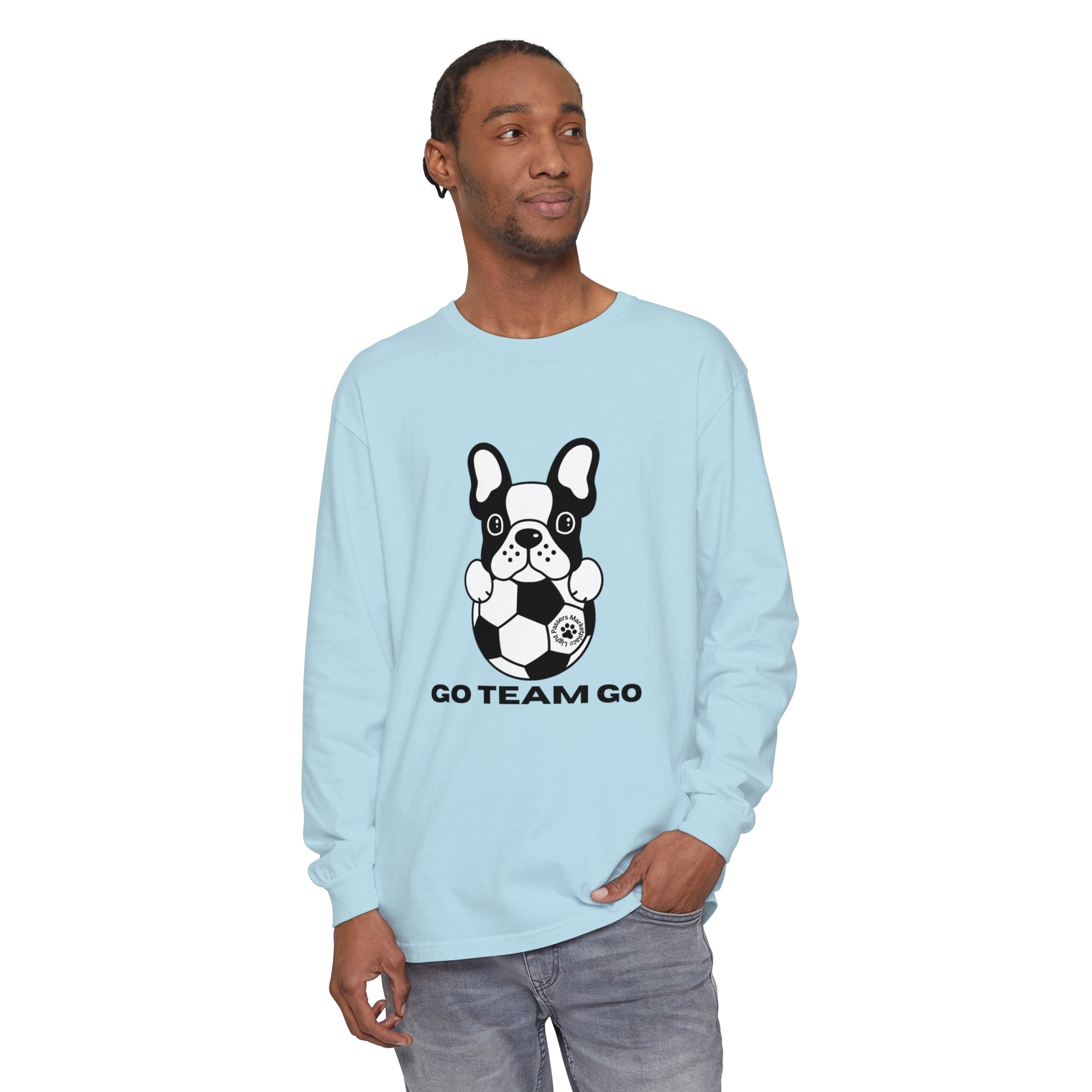 Man in a personalized Teams Soccer Dog Adult Unisex Garment-dyed Long Sleeve, featuring a dog and football motif, with a relaxed, comfortable fit.