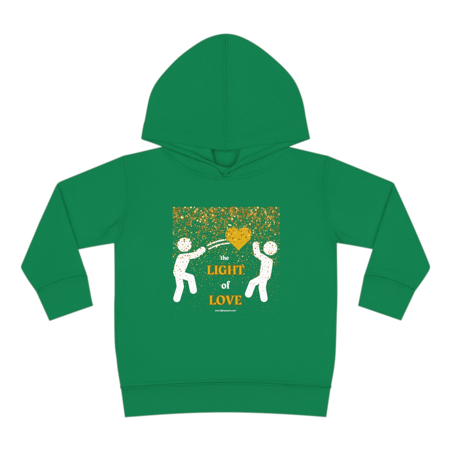 A Rabbit Skins toddler hoodie featuring a gold heart design with people dancing. Jersey-lined hood, cover-stitched details, side-seam pockets, and durable fabric blend for cozy wear.