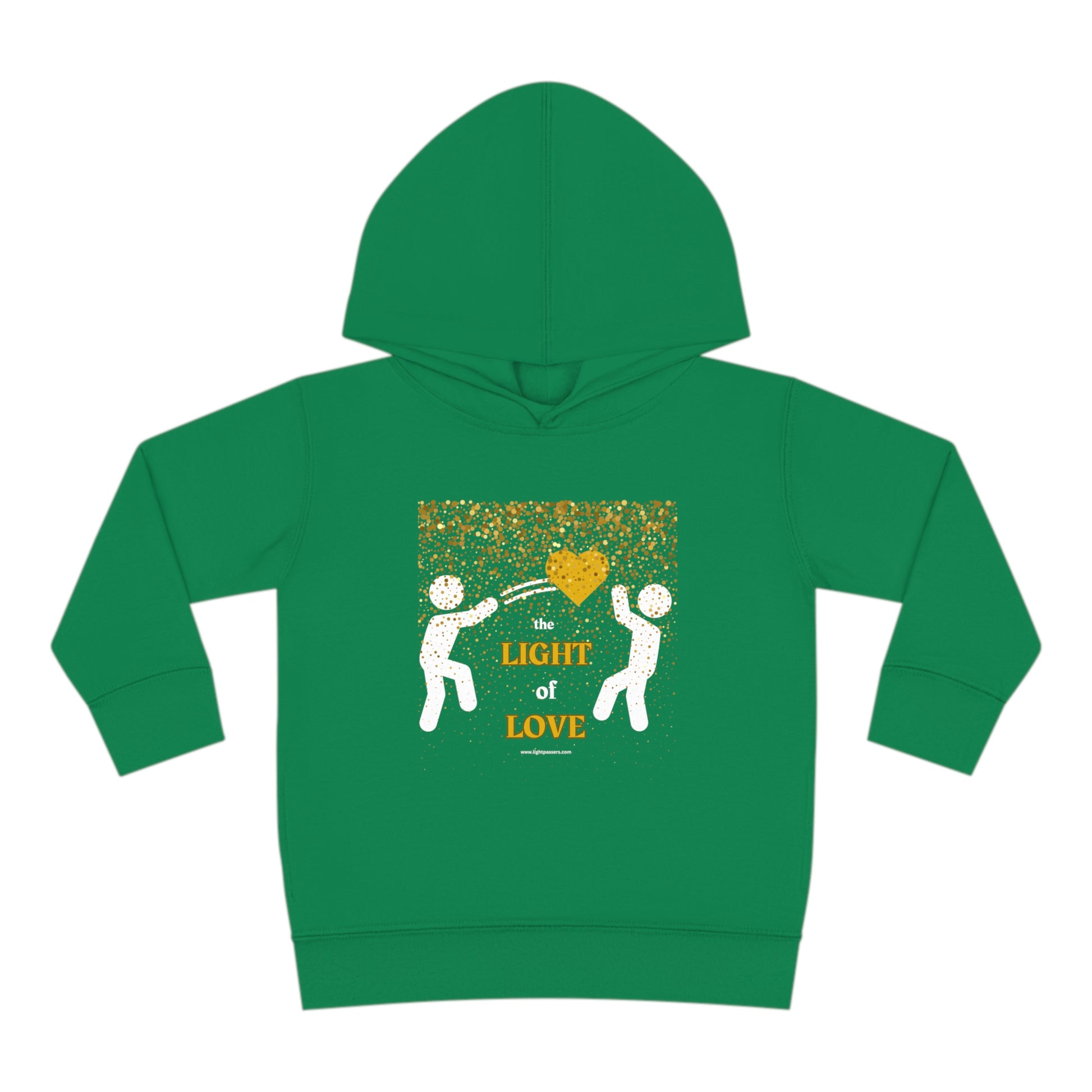 A Rabbit Skins toddler hoodie featuring a gold heart design with people dancing. Jersey-lined hood, cover-stitched details, side-seam pockets, and durable fabric blend for cozy wear.