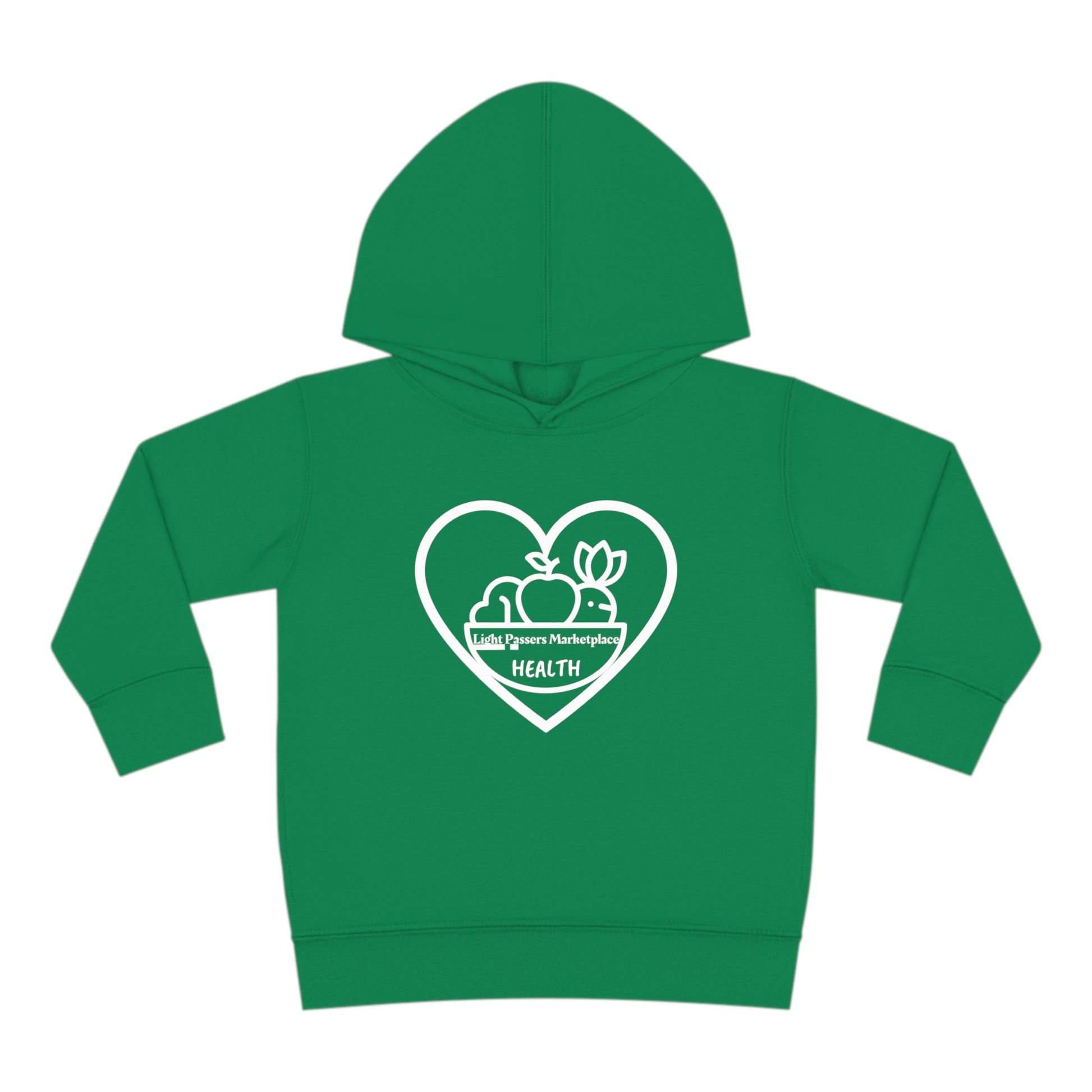 A Rabbit Skins Fruit Basket Toddler Hoodie in green, featuring a heart, apples, and logo design. Jersey-lined hood, side-seam pockets, and durable stitching for lasting coziness. Made of 60% cotton, 40% polyester.