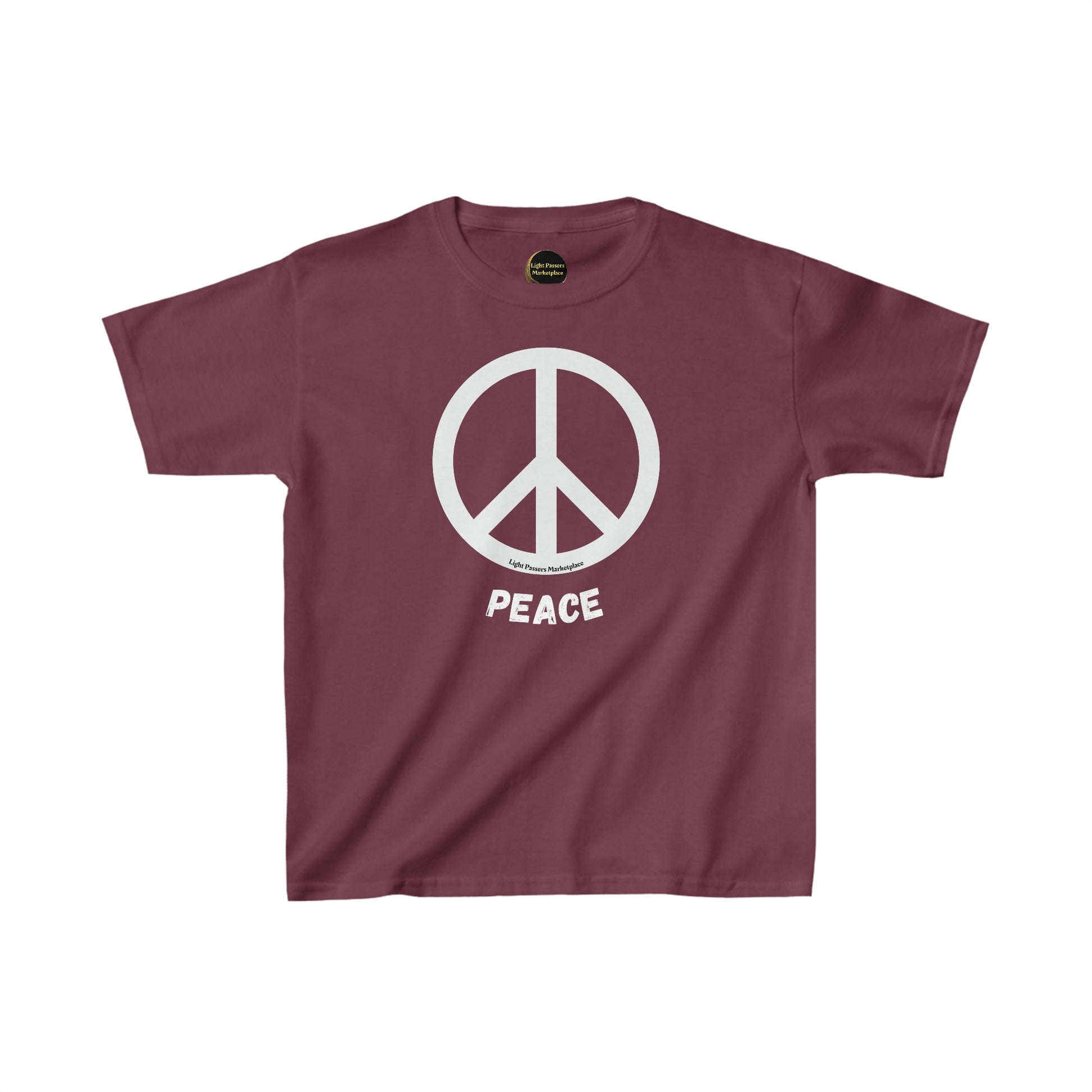 Youth purple shirt with a peace sign, made of 100% cotton for comfort. Features twill tape shoulders and ribbed collar for durability. Ethically sourced US cotton.