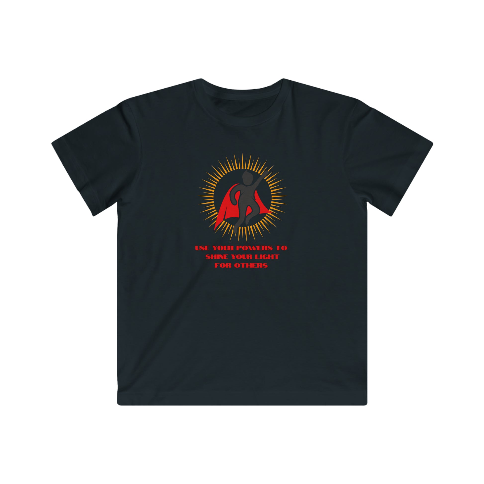 A black youth t-shirt with red text and a logo, featuring a person in a cape, made of soft jersey fabric. 100% combed ringspun cotton, light fabric, tear away label, regular fit.