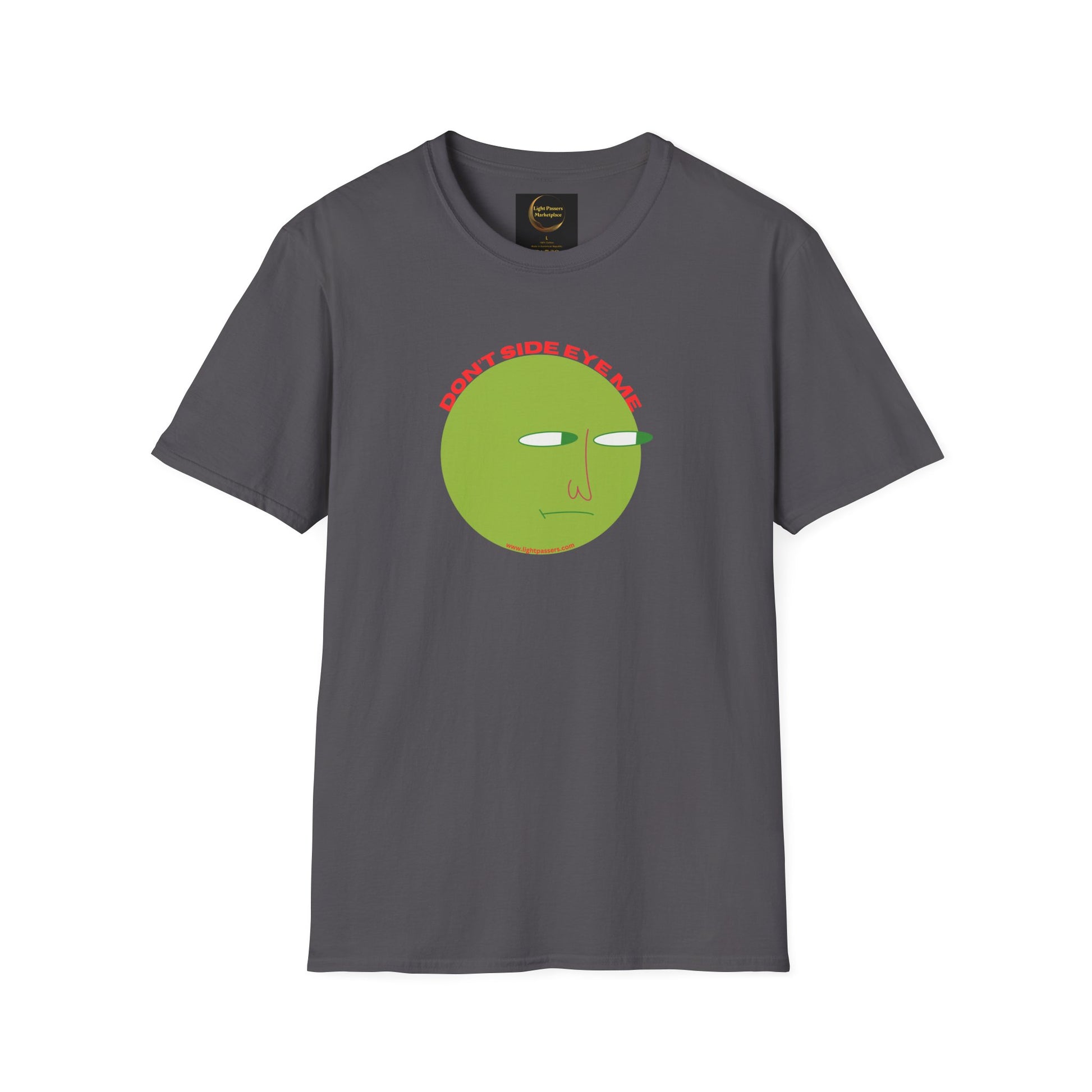 A grey unisex t-shirt featuring a green face design, made of soft 100% cotton with twill tape shoulders for durability. Classic fit with crew neckline for versatile style. Ethically produced by Gildan.
