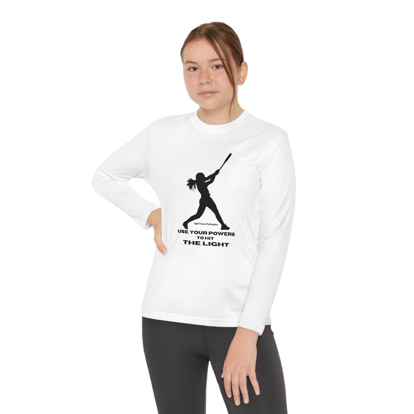 A girl in a silhouette swinging a bat on a white long-sleeve tee. Made of 100% moisture-wicking polyester for active kids. Comfortable, lightweight, and breathable with PosiCharge ® technology.