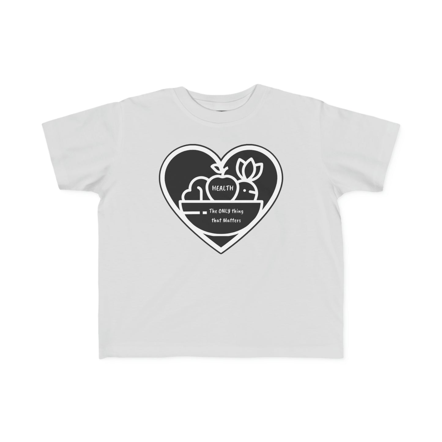 A white toddler t-shirt featuring a heart, flower, and fruit bowl logo. Made of soft, durable 100% combed cotton, ideal for sensitive skin. Classic fit with tear-away label.