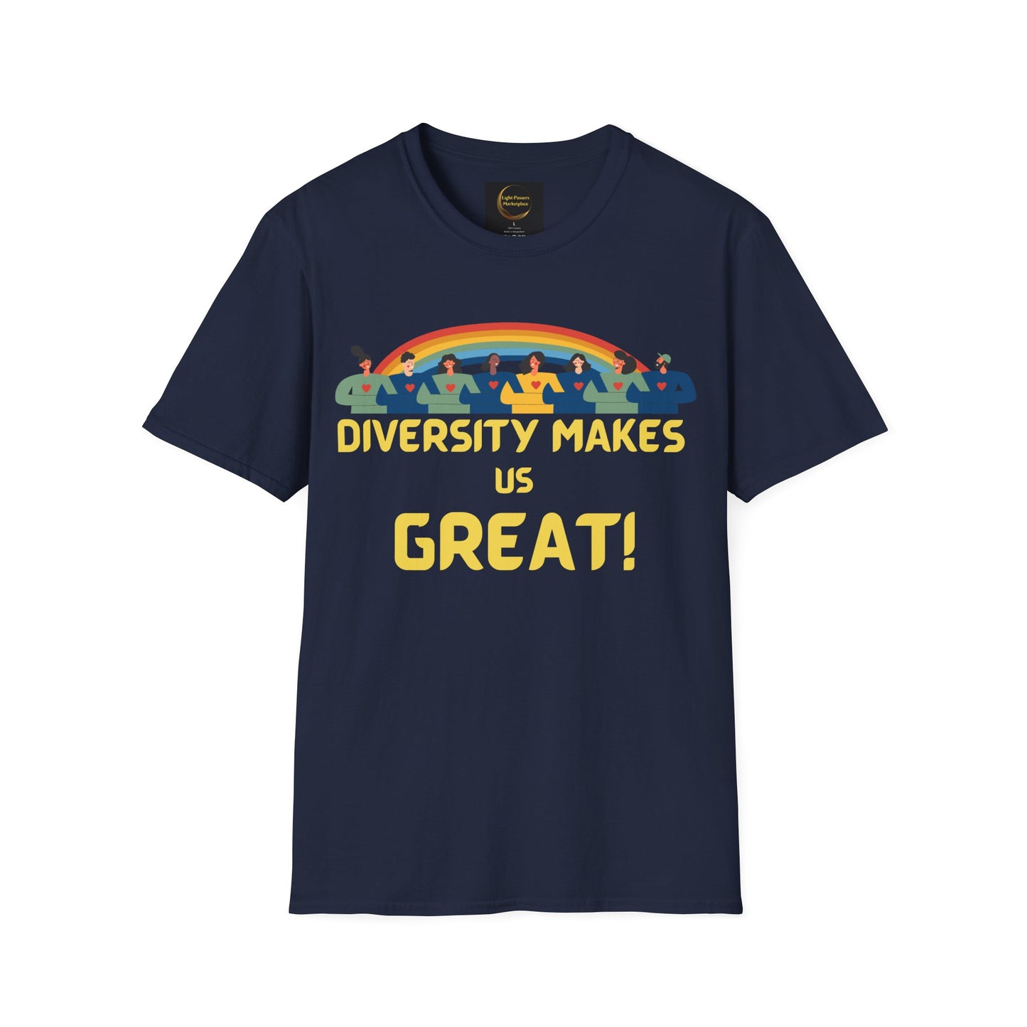 Diversity Makes Us Great Adult Unisex T-Shirt yellow or black letters— Inclusive Rainbow Community Tee