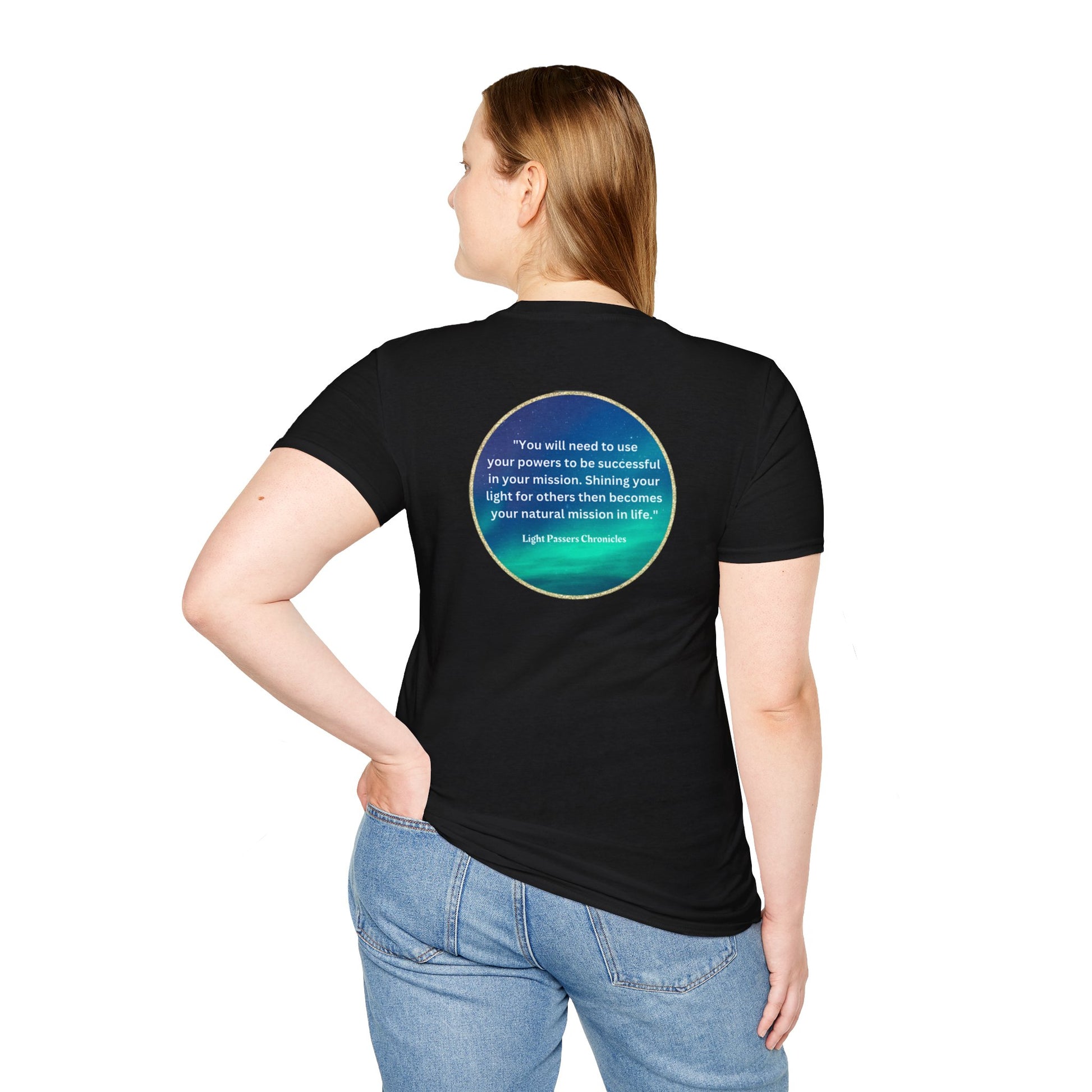 Unisex black shirt with a turquoise circle design on the back. No side seams for comfort, durable shoulders, 100% cotton. Classic fit, tear-away label, ideal for custom printing.