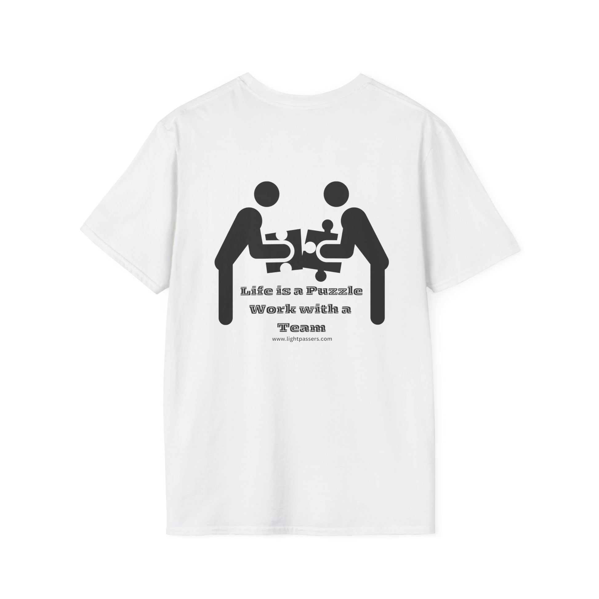 Unisex Life is a Puzzle T-shirt Back: White tee with black graphic designs, no side seams for comfort, durable tape on shoulders, 100% cotton, medium fabric, tear-away label, classic fit.