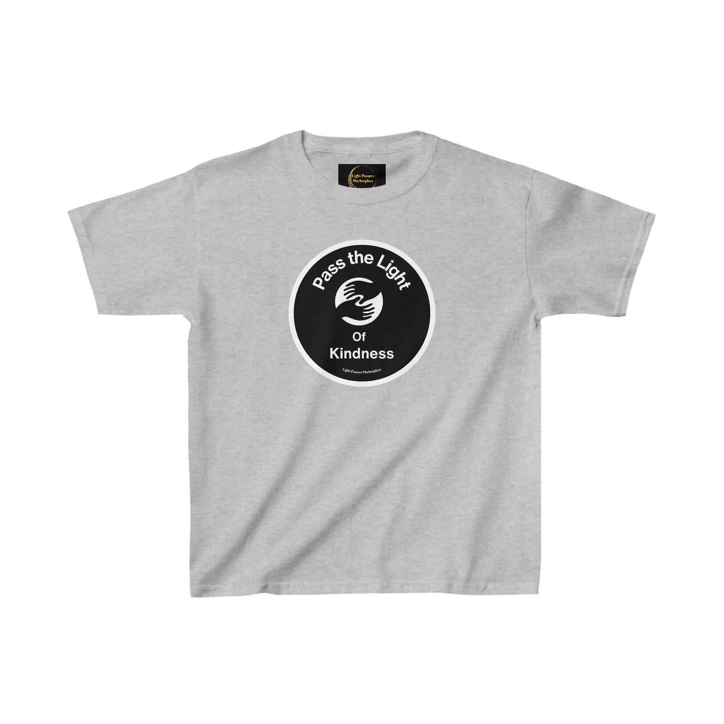 Youth T-shirt with a black circle and white text logo, ideal for daily wear. Made of 100% cotton, featuring twill tape shoulders and ribbed collar for durability. No side seams.