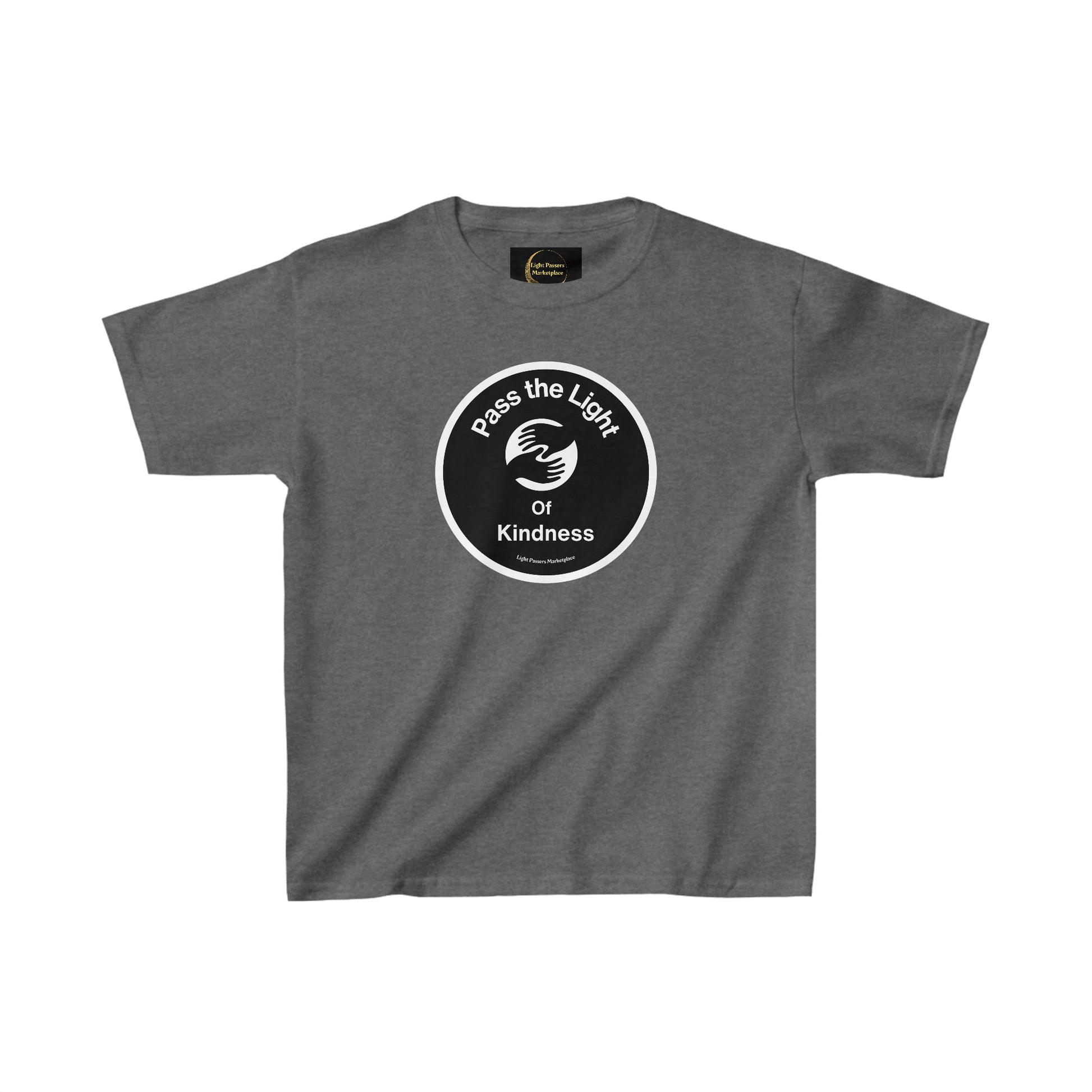 A kids' heavy cotton tee featuring the Pass the Light of Kindness 2 hands design. Made of 100% cotton with twill tape shoulders and ribbed collar for durability. Ideal for everyday wear.