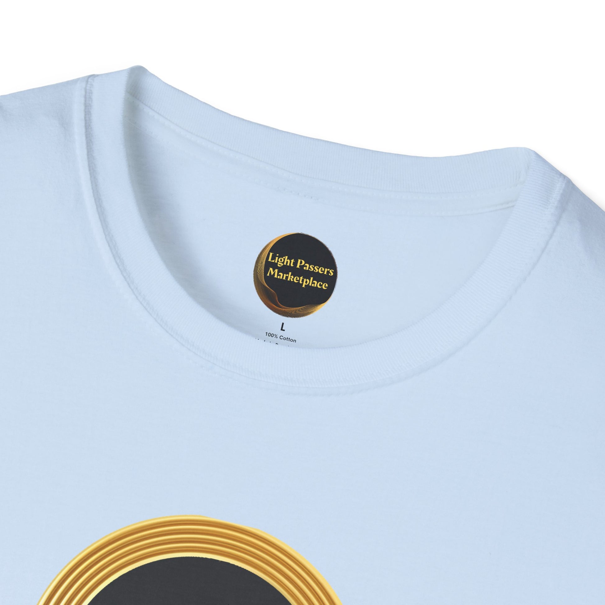 Empowerment Tee - Change Makers Unite Light Passers Team Adult Unisex T-Shirt with black-and-gold Light Passers Marketplace graphic, ribbed crew neckline, size L label visible.