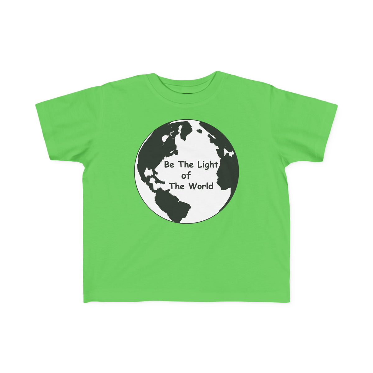 Green toddler T-shirt with crew neck and globe 'Be The Light Of The World' print