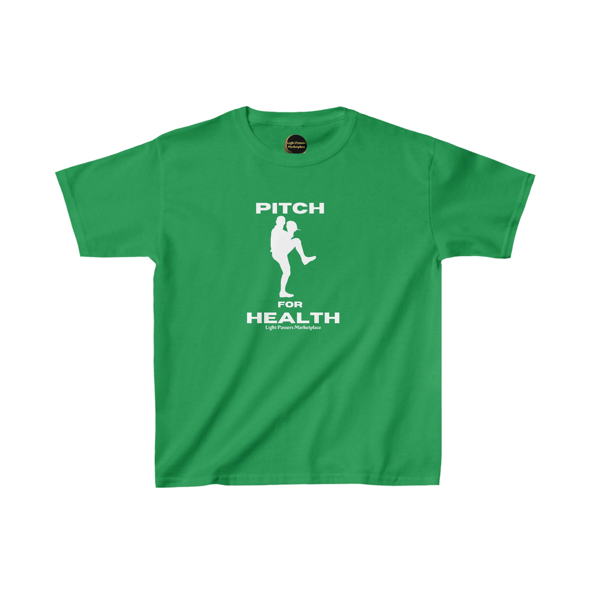 A green youth cotton t-shirt with a logo, crafted from 100% US cotton, featuring twill tape shoulders for durability and a curl-resistant collar. Ethically made with a classic fit and tear-away labels.