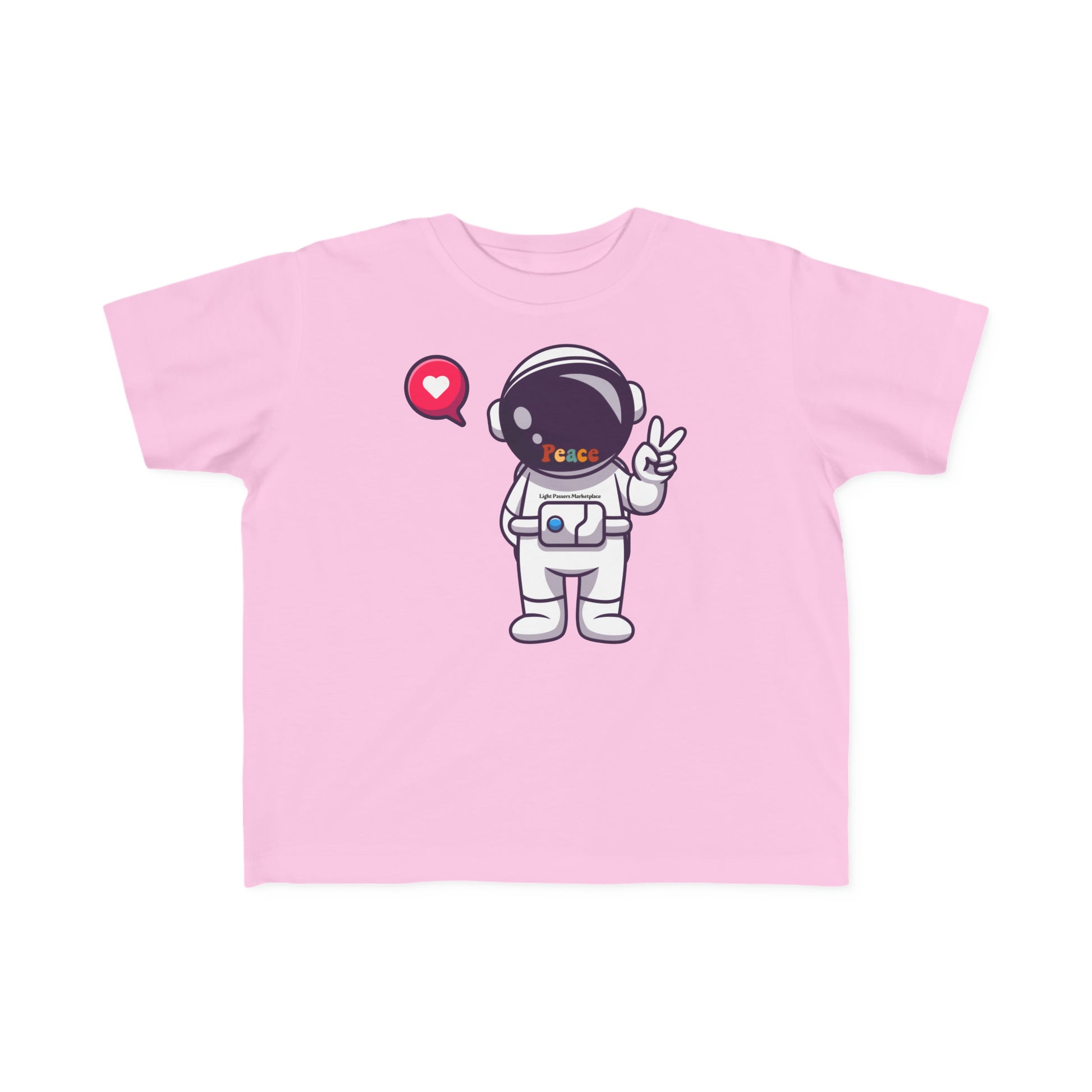 A toddler's pink tee featuring a cartoon astronaut making a peace sign. Made of soft 100% combed cotton, light fabric, tear-away label, and a durable print.