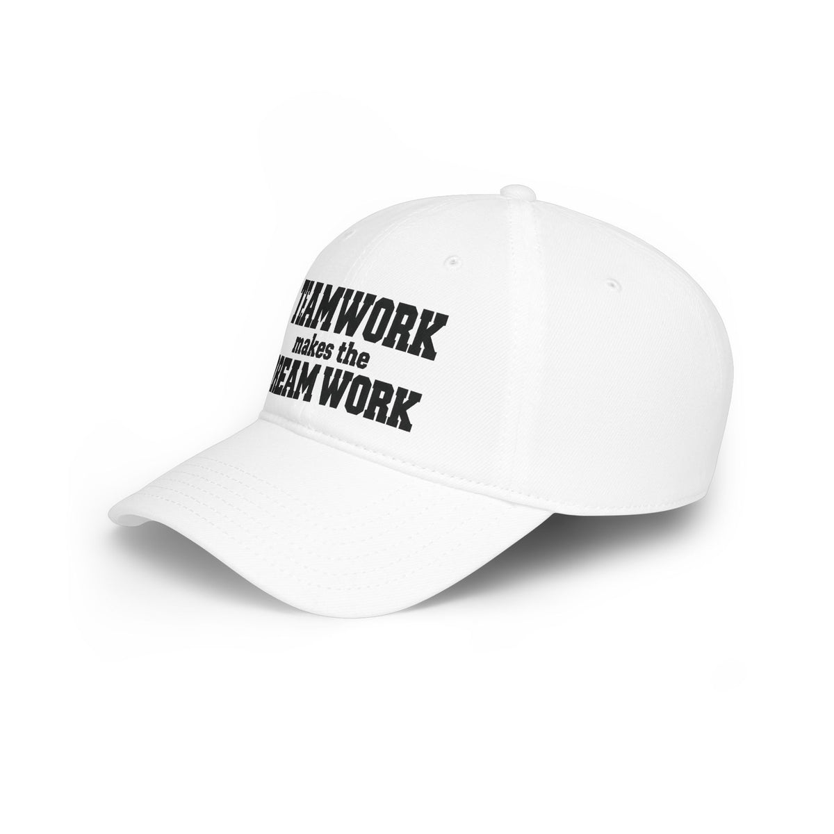 White baseball cap with white 'TEAMWORK makes the DREAMWORK' front text