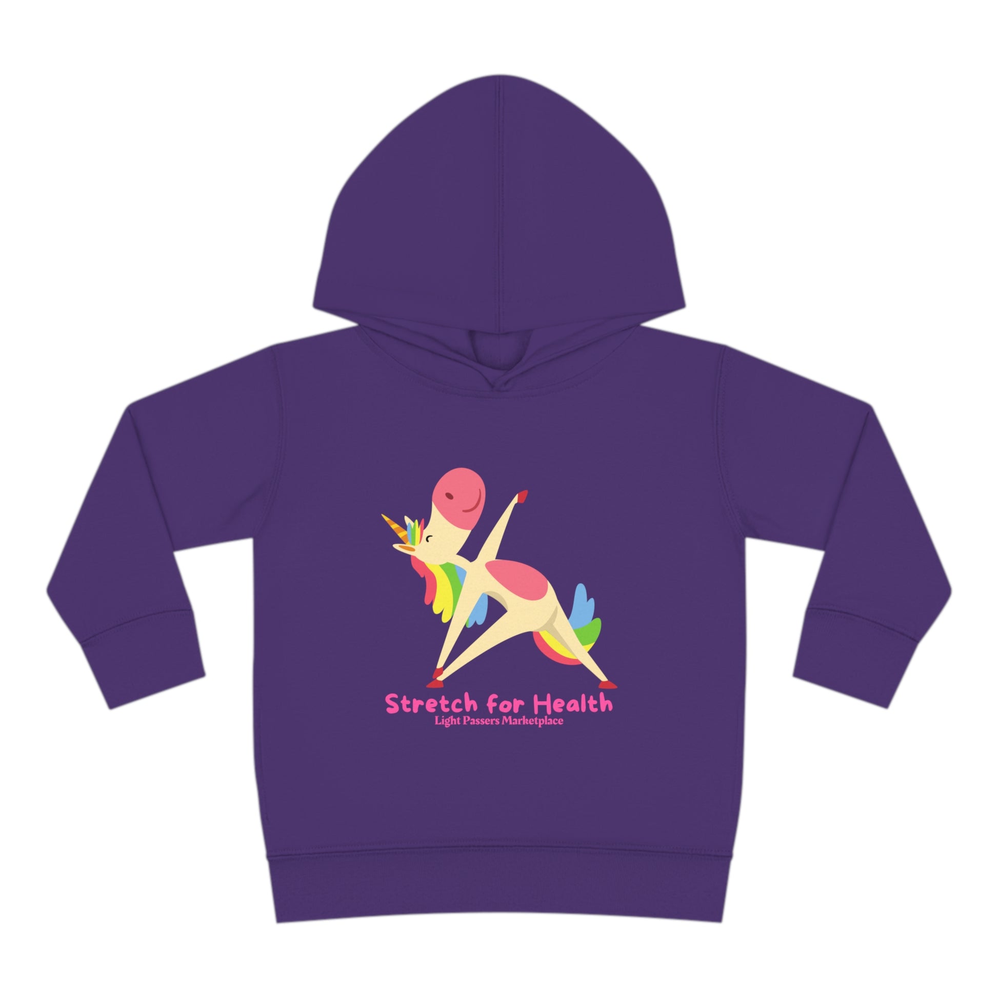 A Rabbit Skins toddler hoodie featuring a unicorn doing yoga, with jersey-lined hood, cover-stitched details, side seam pockets, and durable fabric blend for cozy wear.