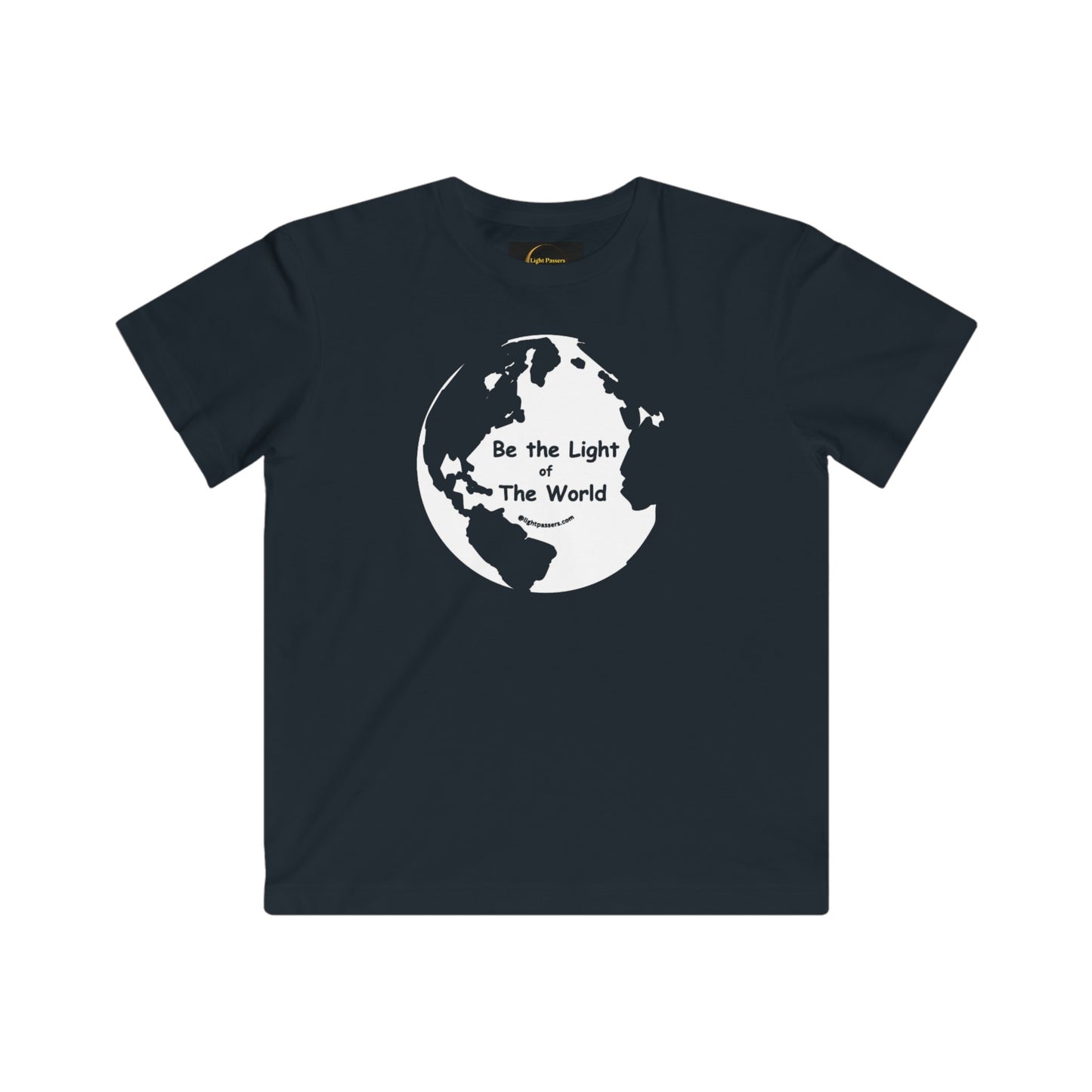 Youth black shirt with white design featuring a silhouette of a grenade and globe with text. Soft jersey fabric, 100% combed ringspun cotton, tear away label, regular fit. Be the Light of the World theme.