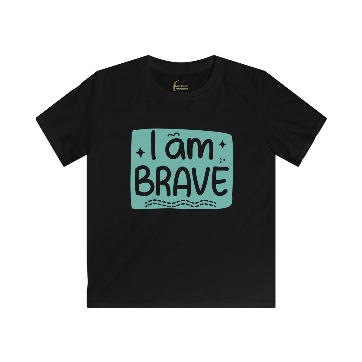 Black kids graphic T-shirt with 'I am BRAVE' slogan and teal rectangle print