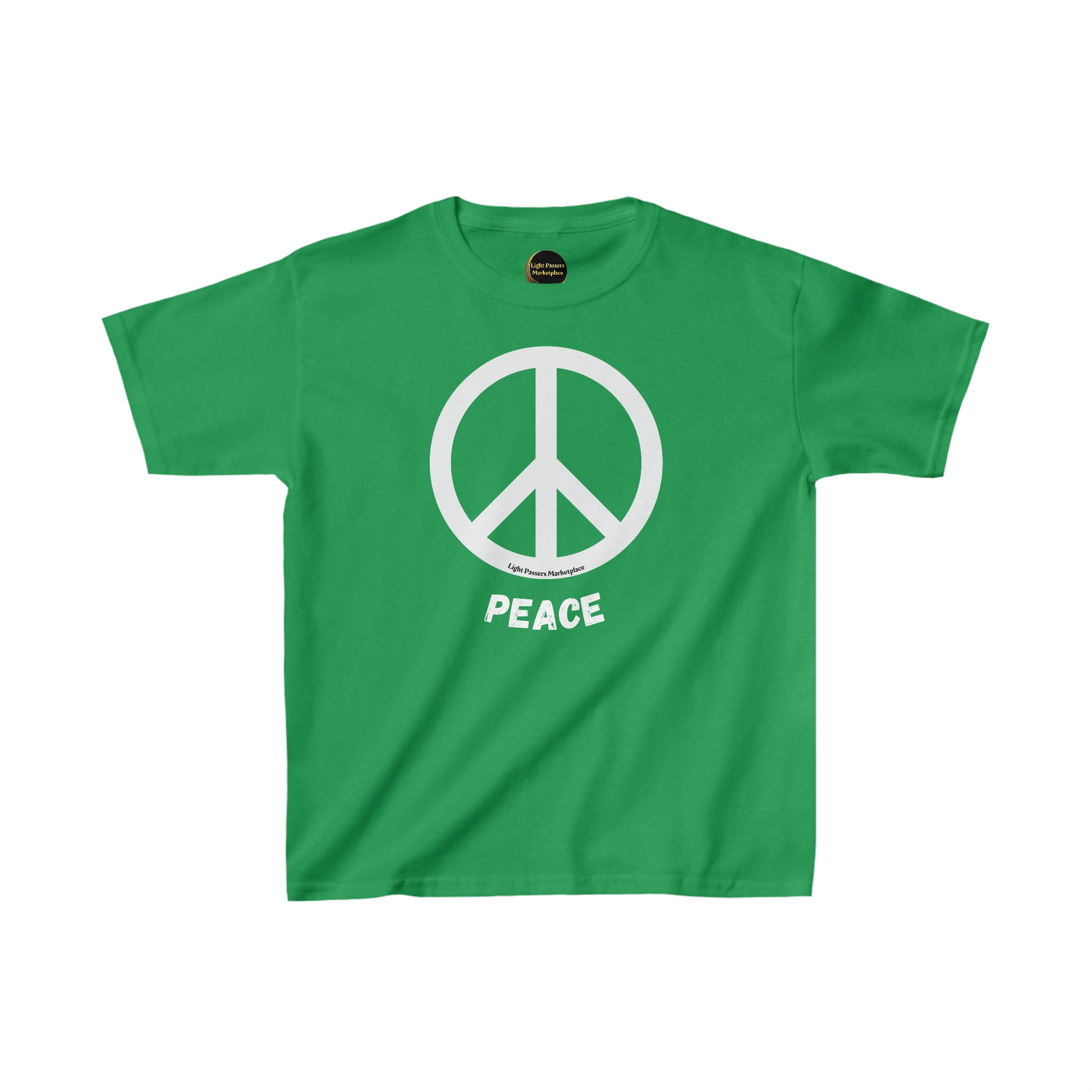 Youth green shirt with a peace sign symbol, made of 100% cotton for durability and comfort. Features twill tape shoulders and curl-resistant collar for everyday wear.