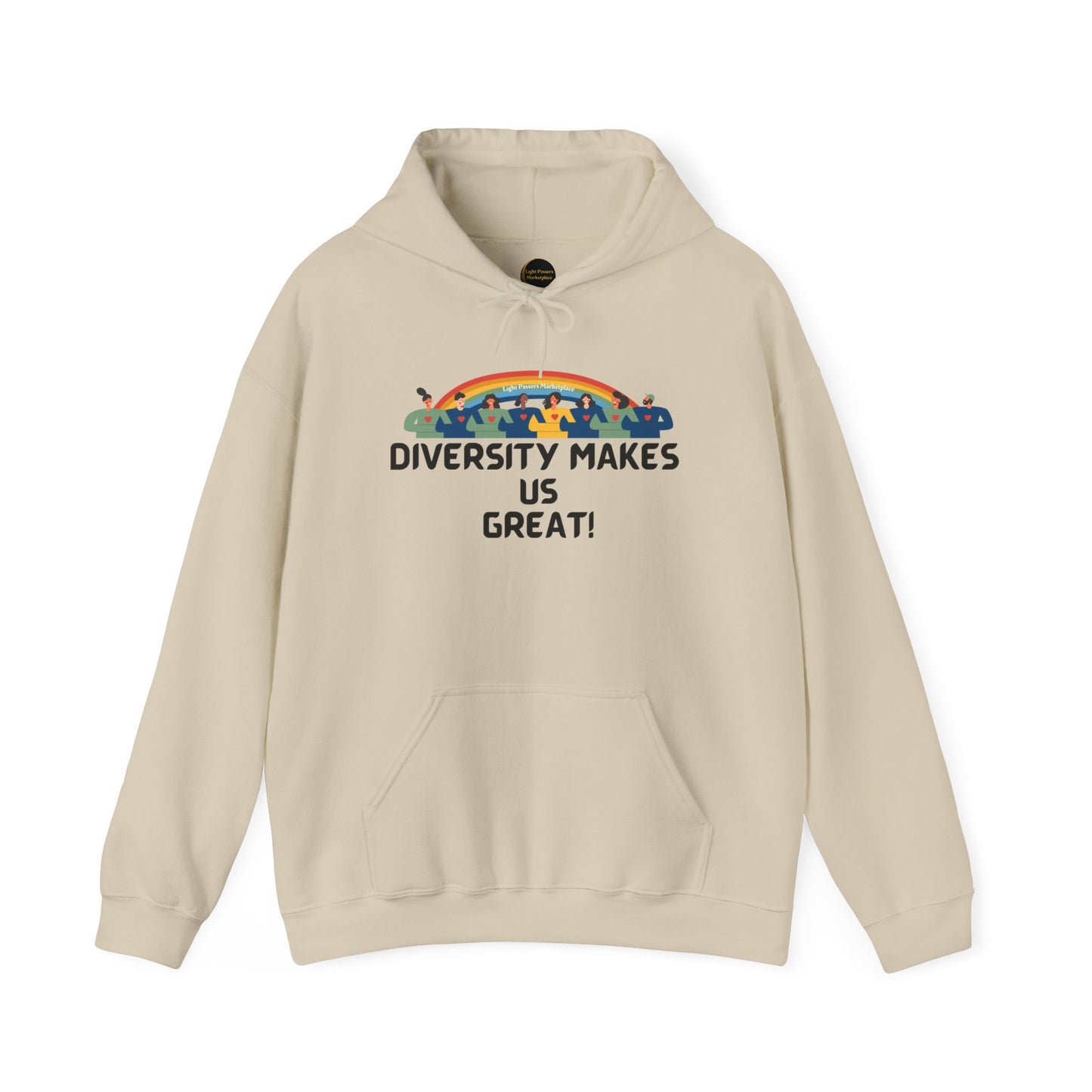 A white unisex hooded sweatshirt featuring a rainbow bus design, made of 50% cotton and 50% polyester for warmth and comfort. Includes a kangaroo pocket and color-matched drawstring for style.