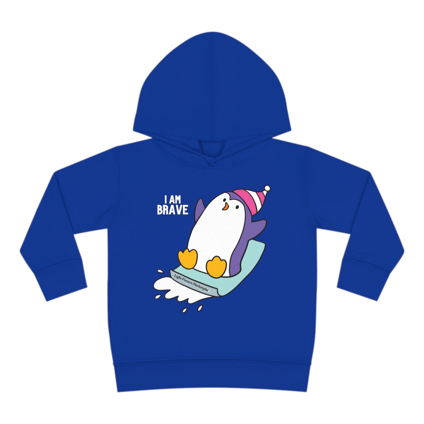 A Rabbit Skins toddler hoodie featuring a Brave Penguin design, with jersey-lined hood, cover-stitched details, side seam pockets, and durable cotton-polyester blend for cozy comfort.