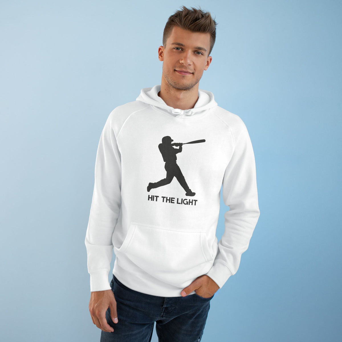 Adult Unisex Baseball Hoodie — 'Hit the Light' Male Batter Silhouette Pullover