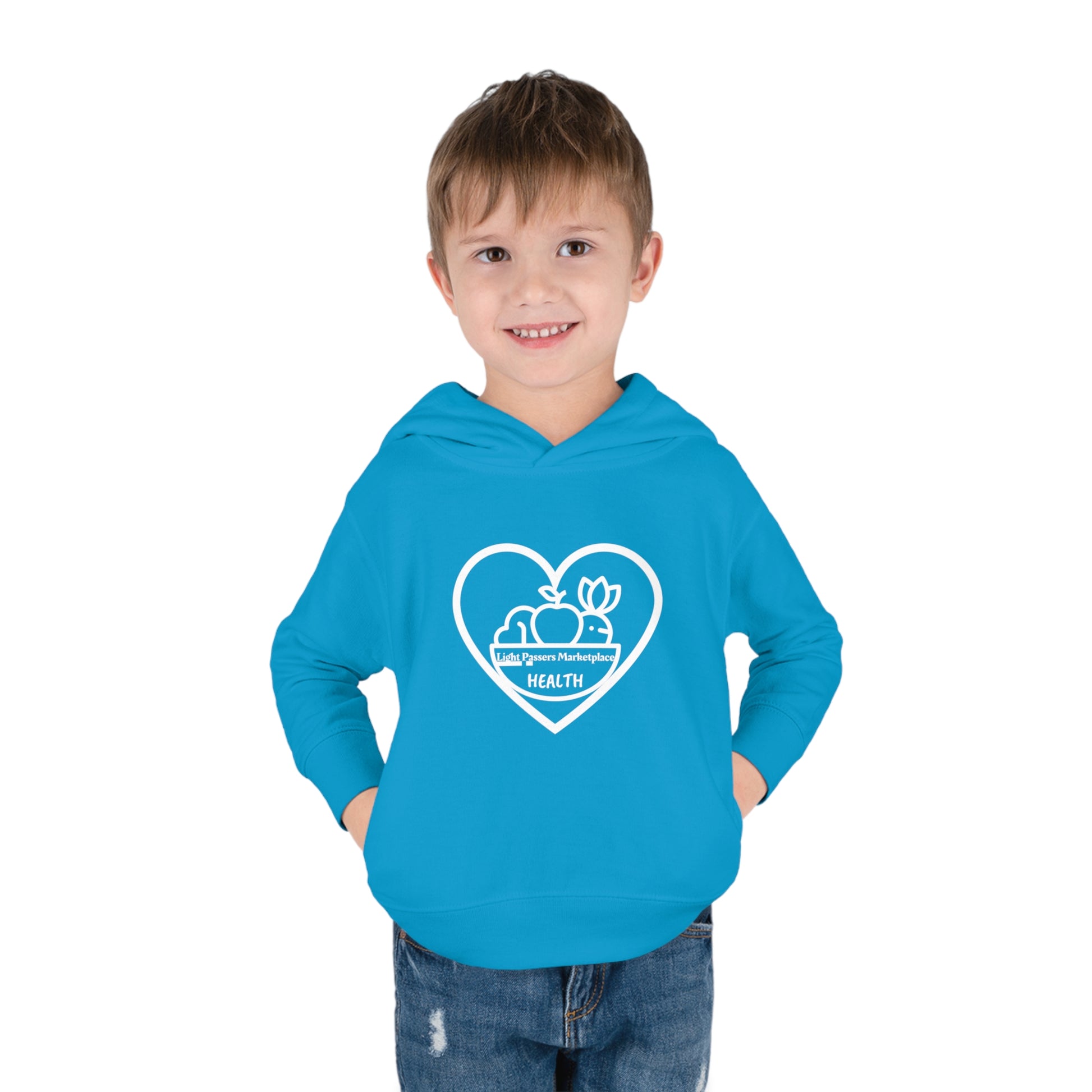 A toddler wearing a blue Rabbit Skins hoodie with a heart and bird design, showcasing side seam pockets and durable stitching for lasting coziness.