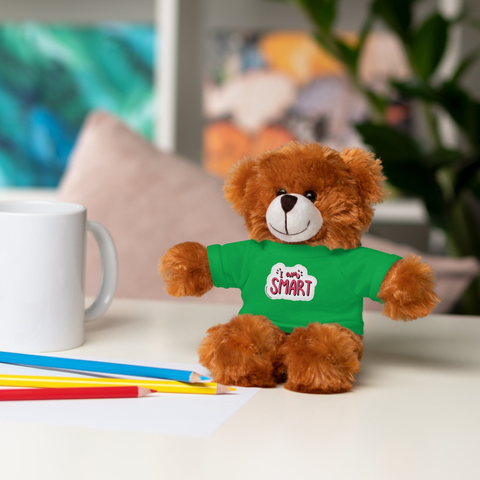 Cool Stuff Stuffies: six plush animals with 'I am Smart' T-shirts, including a bear, sheep, bunny, jaguar, panda, and lion, each 8 inches tall.