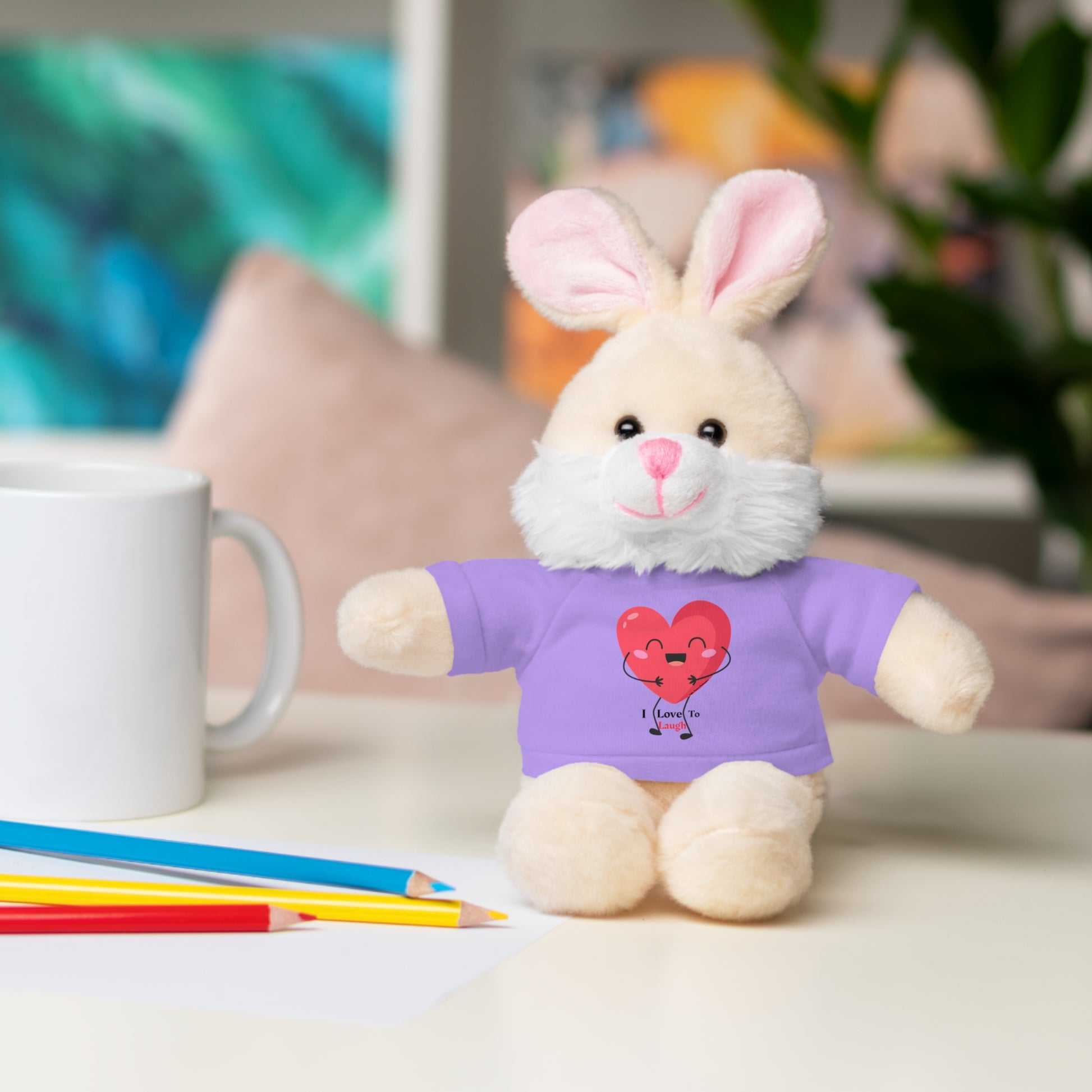 Cool Stuff Stuffies Choice of 6 Animals: Plush bunny with customizable I Love to Laugh heart T-shirt, perfect for hugs and gifting.