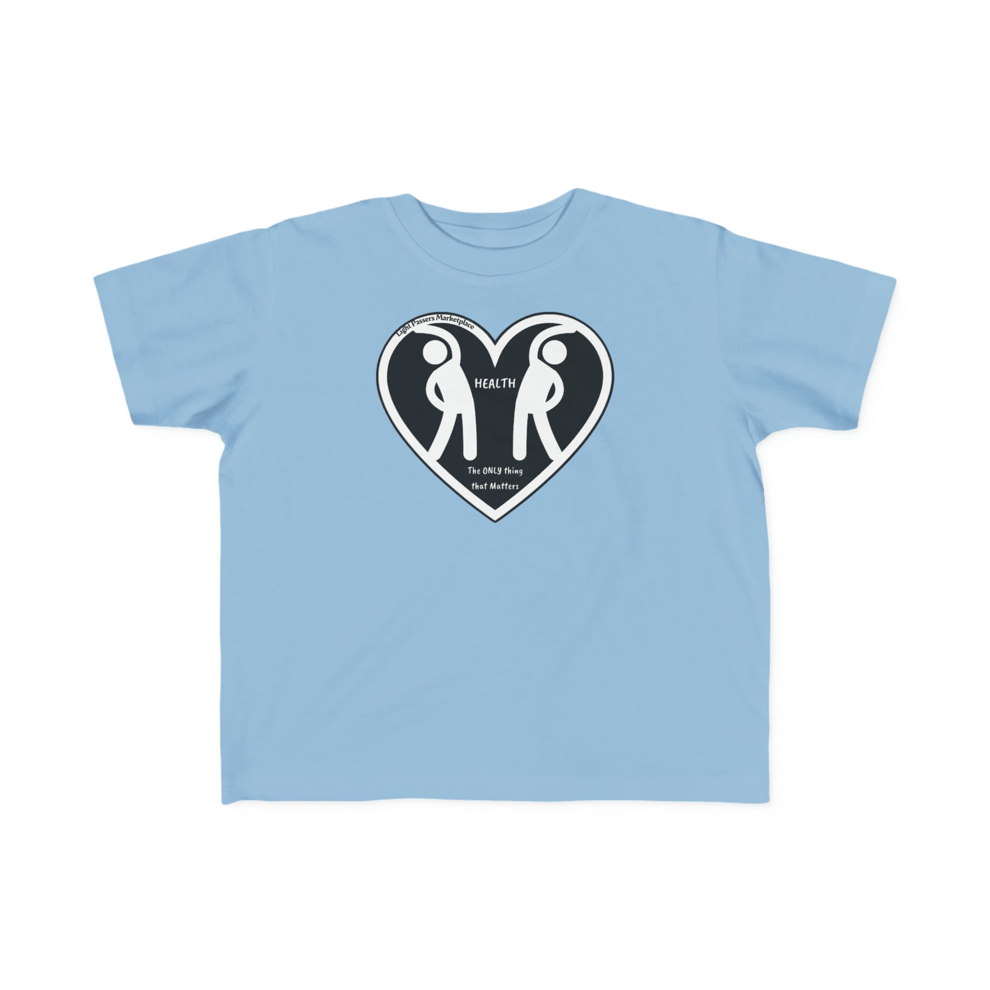 A blue toddler t-shirt featuring a heart and two people design, made of soft 100% combed, ring-spun cotton. Durable print, light fabric, tear-away label, classic fit, true to size.