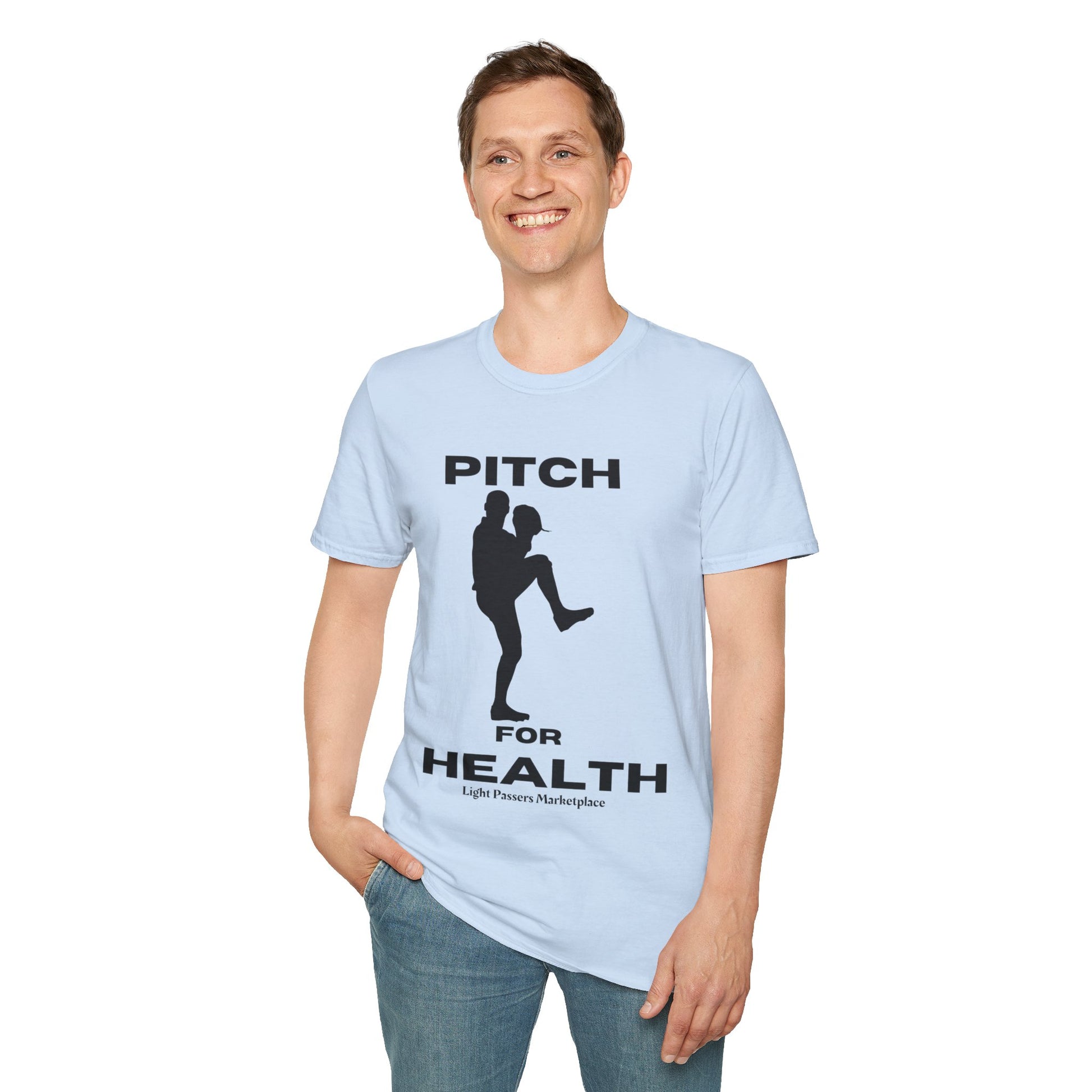 A man in a blue Pitch for Health unisex t-shirt, featuring a baseball player graphic. Soft 100% cotton, twill tape shoulders, no side seams, ribbed collar. Lightweight, classic fit, tear-away label. Ethically made.