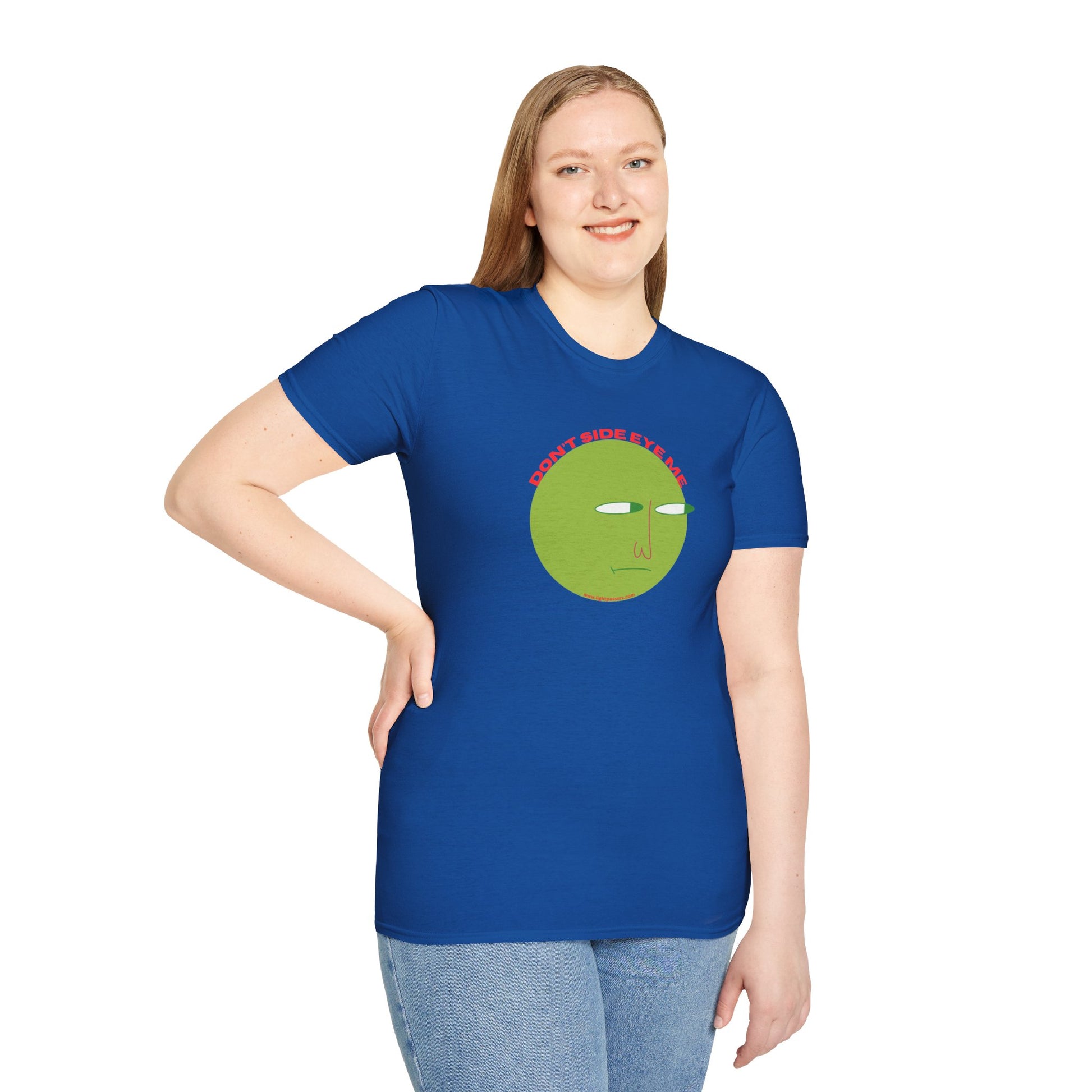 A woman in a blue shirt smiles, showcasing the Don't Side Eye Me unisex t-shirt. Made of soft 100% cotton, featuring twill tape shoulders and a ribbed collar for durability and comfort.
