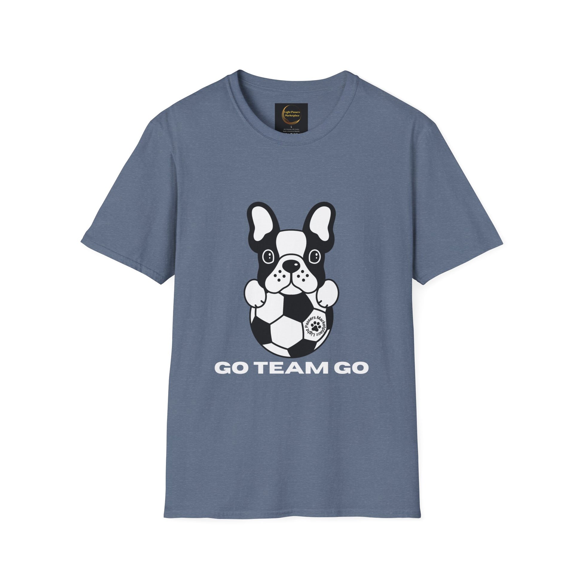 A blue unisex t-shirt featuring a dog playing soccer, made of soft 100% ring-spun cotton for ultimate comfort. No side seams, ribbed collar, and tear-away label for added durability and ease.