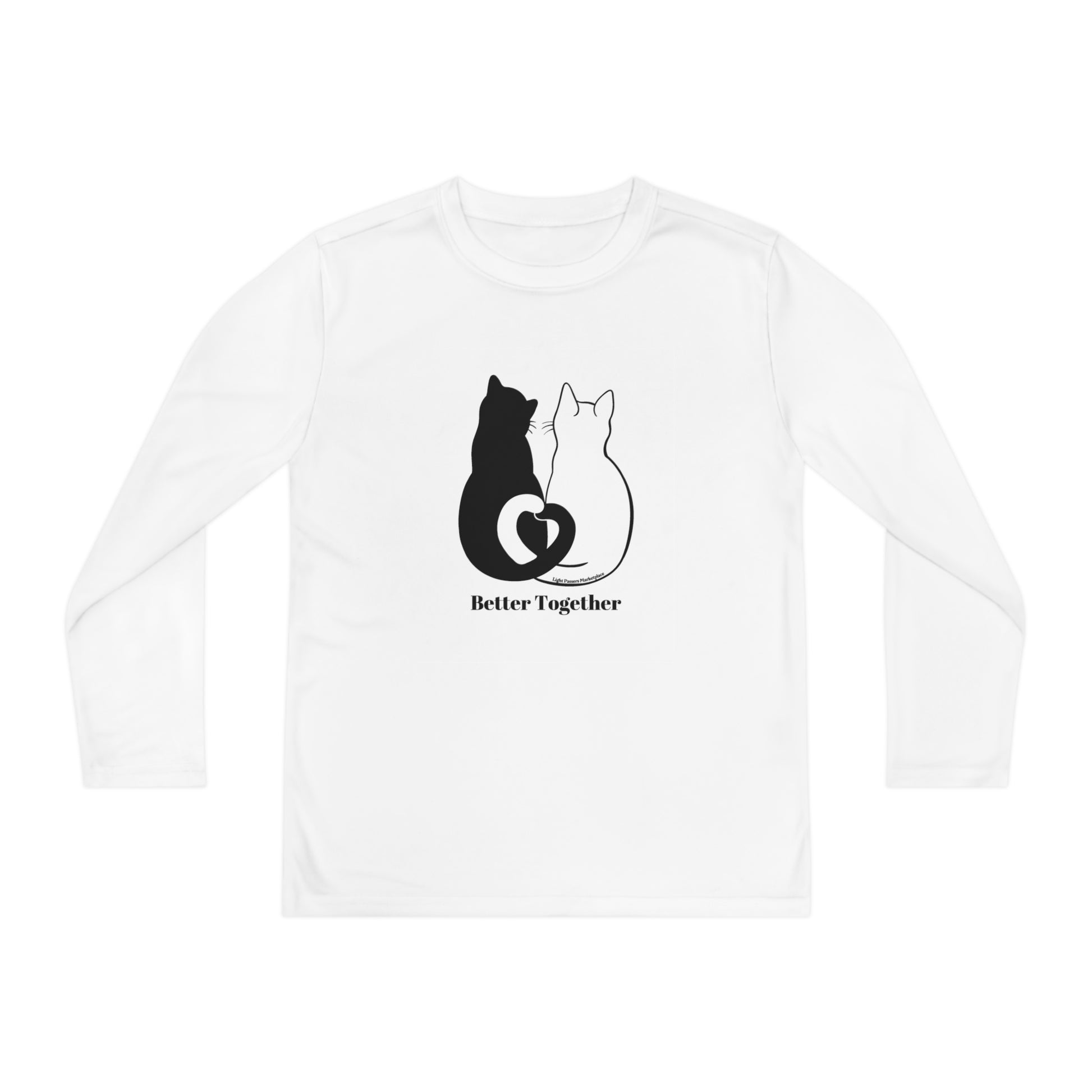 Youth Long Sleeve 2 Cats Heart Love Tails shirt featuring two cats forming a heart with their tails, ideal for cat lovers and everyday wear.