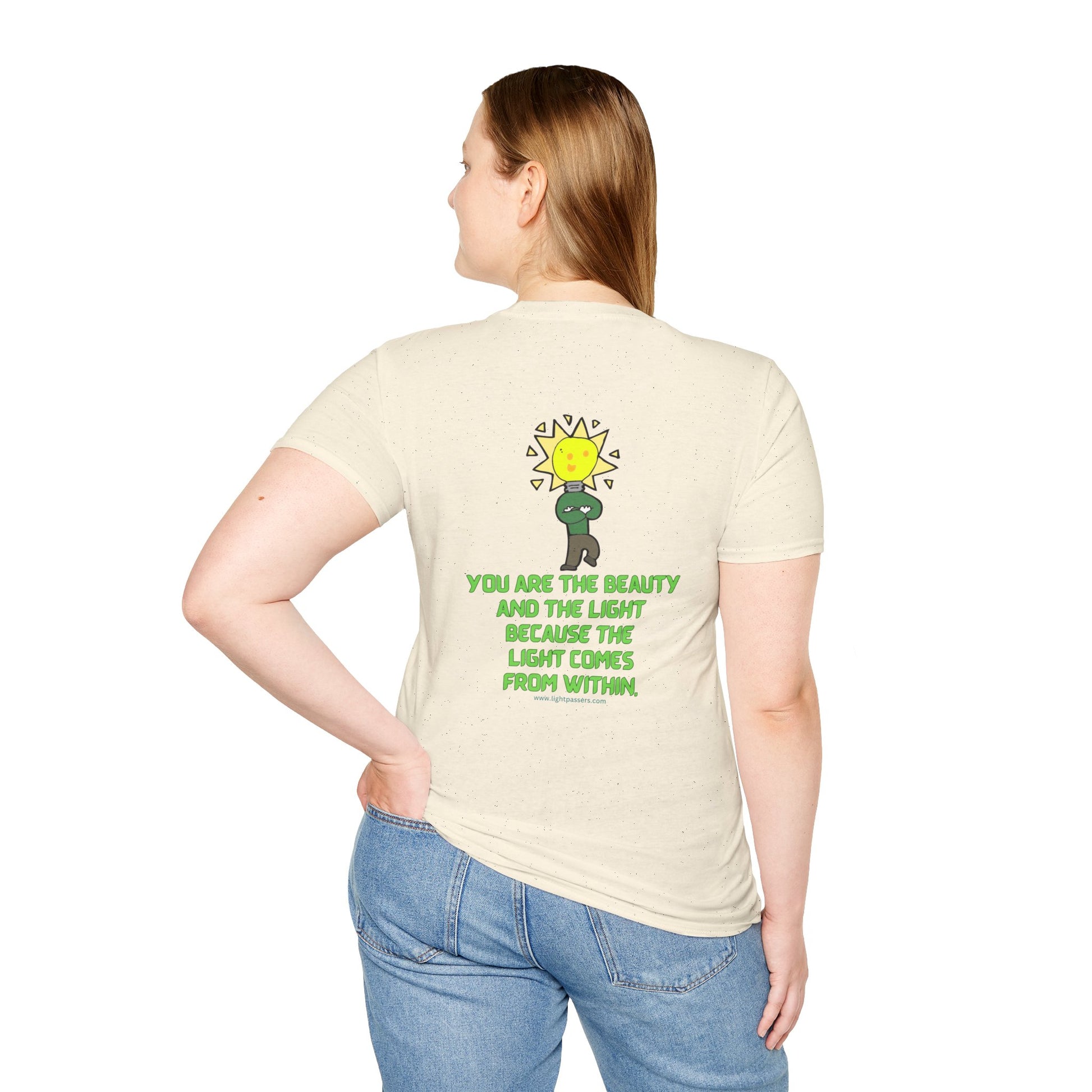 Unisex cotton tee featuring Beauty and the Light design on a woman in a white shirt, with a yellow sun graphic. Seamless, durable, with premium print quality.