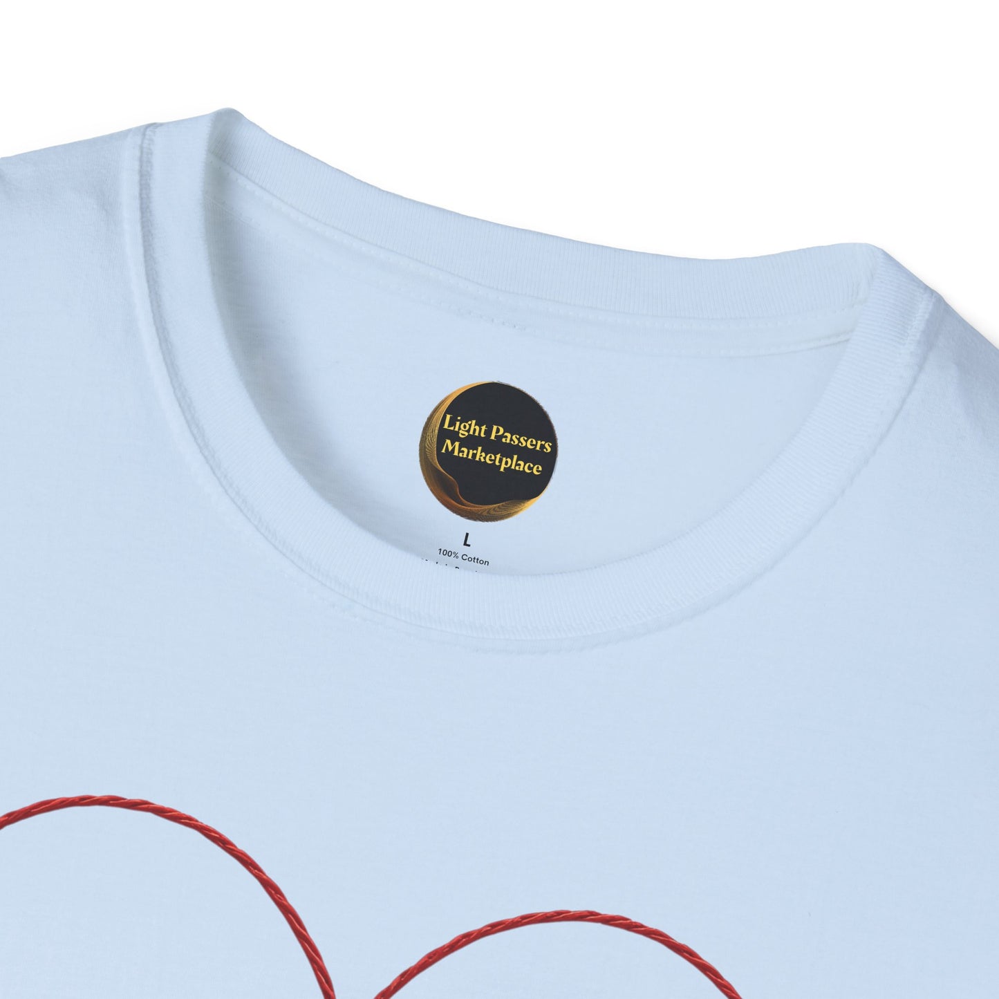 Close-up of the Legacy Makers Unite T-Shirt’s neckline featuring a black label with gold text, and a glimpse of a red rope graphic.