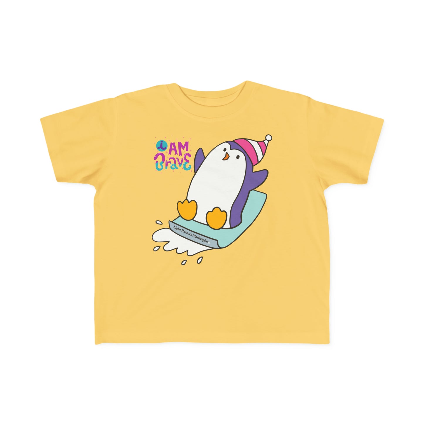 A Brave Penguin Toddler T-shirt featuring a cartoon penguin design on a yellow shirt. Made of soft, 100% combed cotton, with a durable print, perfect for sensitive skin.