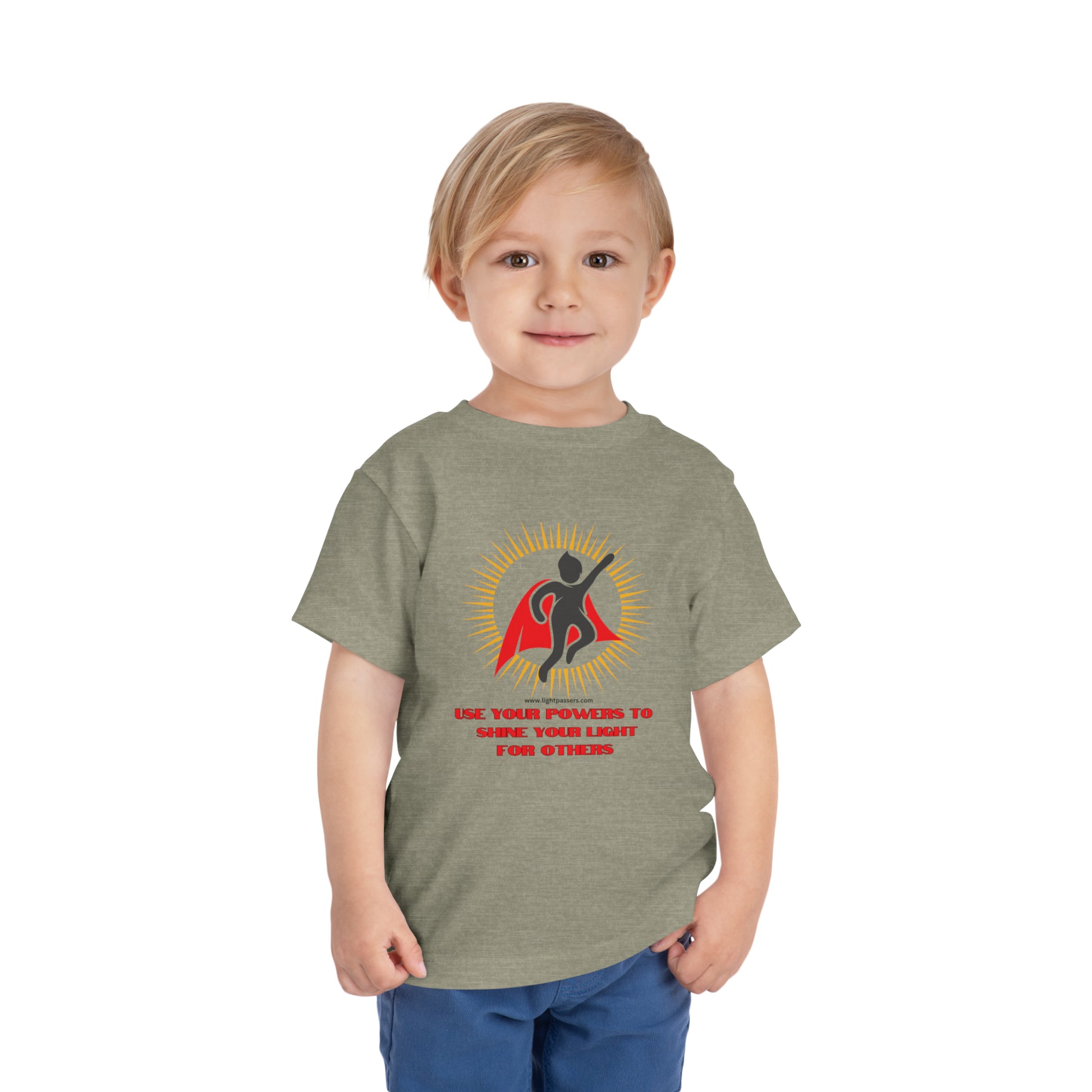 A toddler wearing a Use Your Powers custom t-shirt, crafted from 100% Airlume combed cotton. Short sleeve tee with tear-away label for comfort.