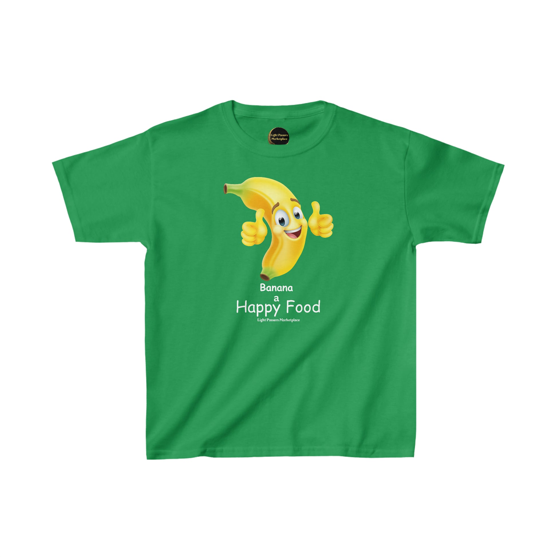 A green youth t-shirt featuring a cartoon banana with a thumbs-up gesture. Made of 100% cotton for comfort, with twill tape shoulders for durability and a curl-resistant collar. Ethically sourced and Oeko-Tex certified.