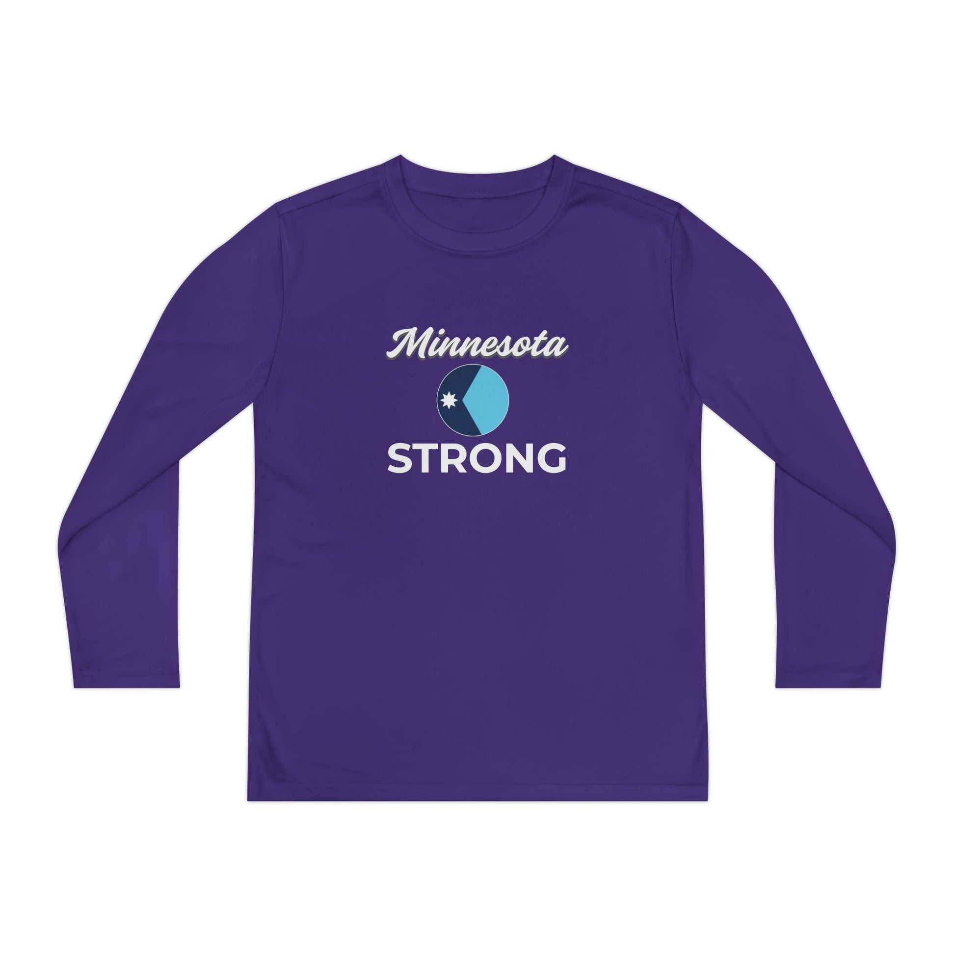 Youth Minnesota Strong long-sleeve tee with Minnesota STRONG text; athletic fit, moisture-wicking, ideal for active wear and expressing civic pride.