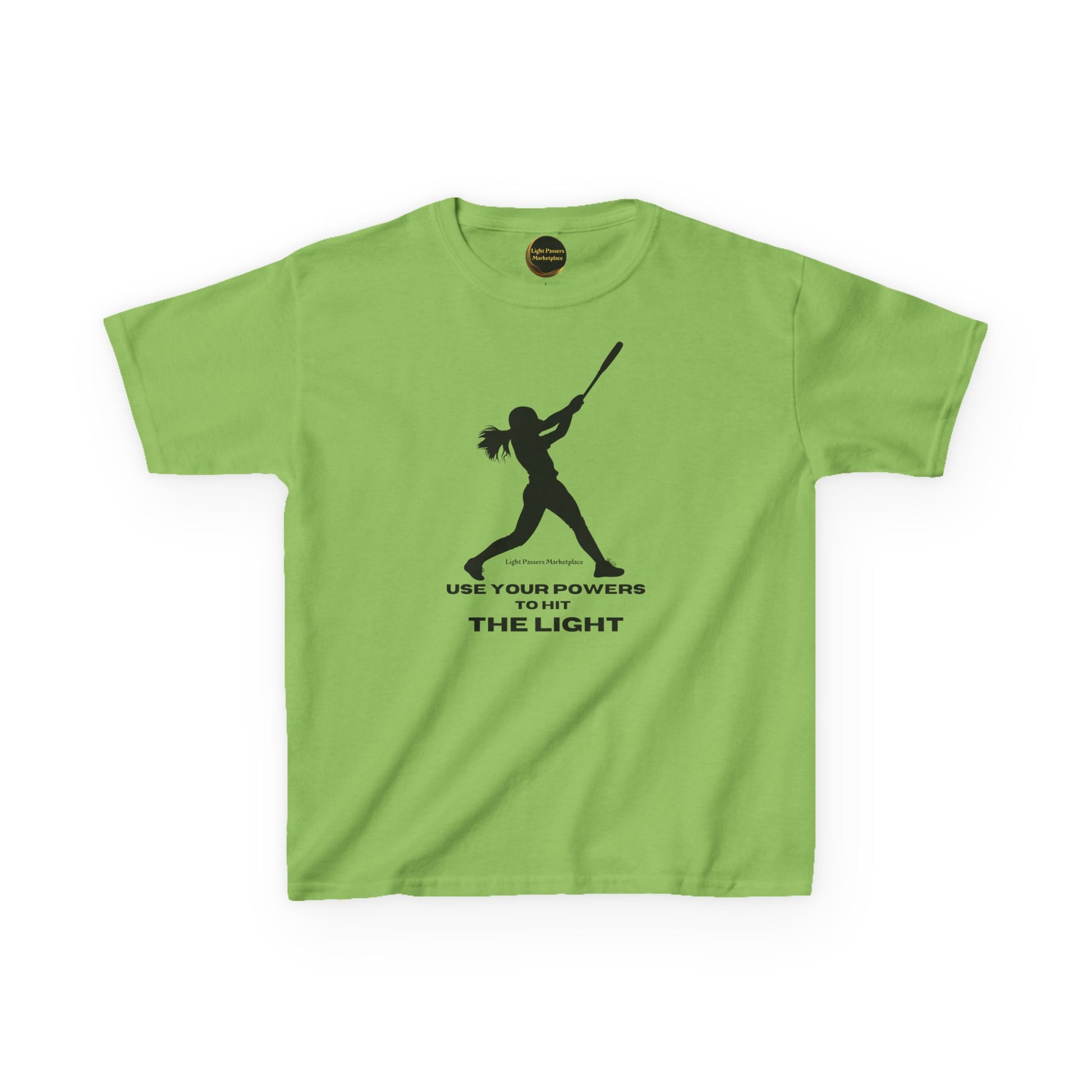Youth Teams Hit the Light T-shirt in lime-green, featuring a batter silhouette and inspirational slogan, perfect for everyday wear with durable, soft cotton fabric.