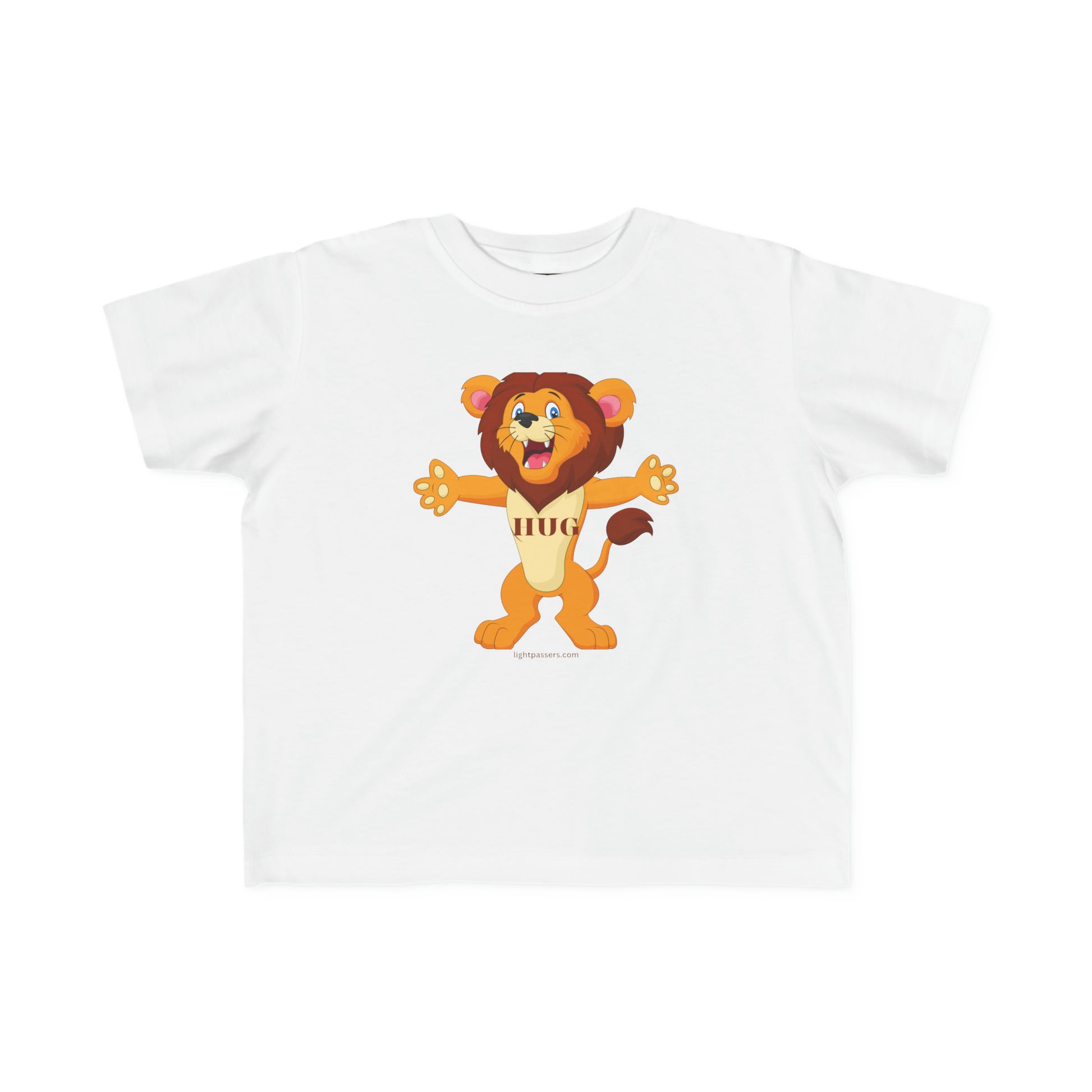 A toddler's white tee featuring a cartoon lion print. Made of soft, durable cotton for sensitive skin. Classic fit, tear-away label, 4.5 oz/yd² fabric. Hug Lion Toddler T-shirt.