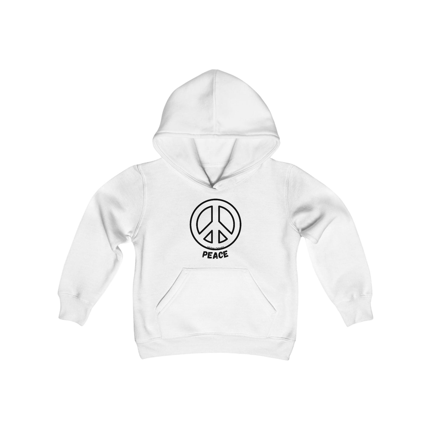 Youth Hooded Sweatshirt - Black Peace Sign for Love and Peace, featuring a prominent peace symbol on the front, ideal for casual wear and expressing unity.