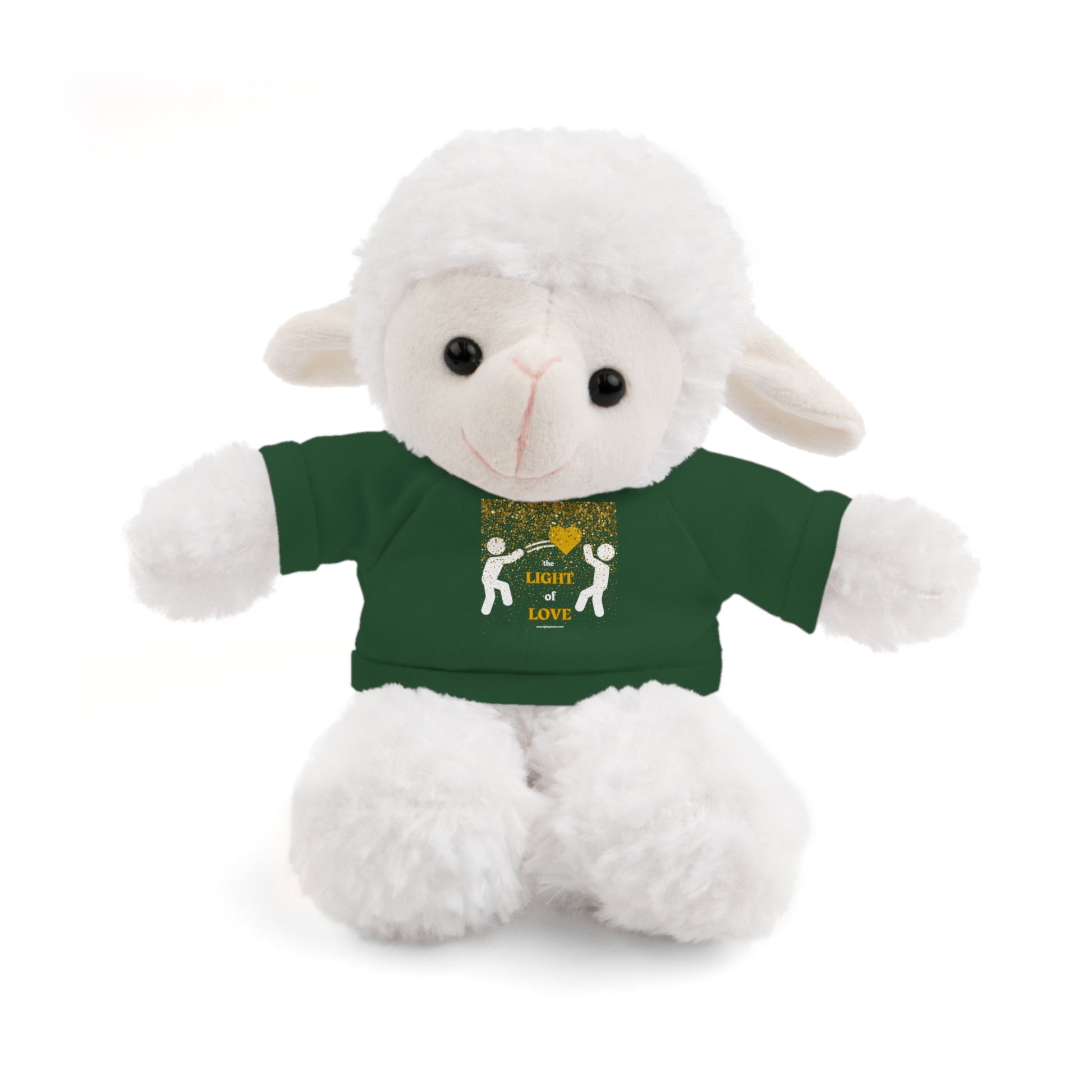 Toss the Light of Love Gold Heart plush toy, wearing a green shirt, 8 tall, polyester stuffed, customizable tee, suitable for children aged 3+.