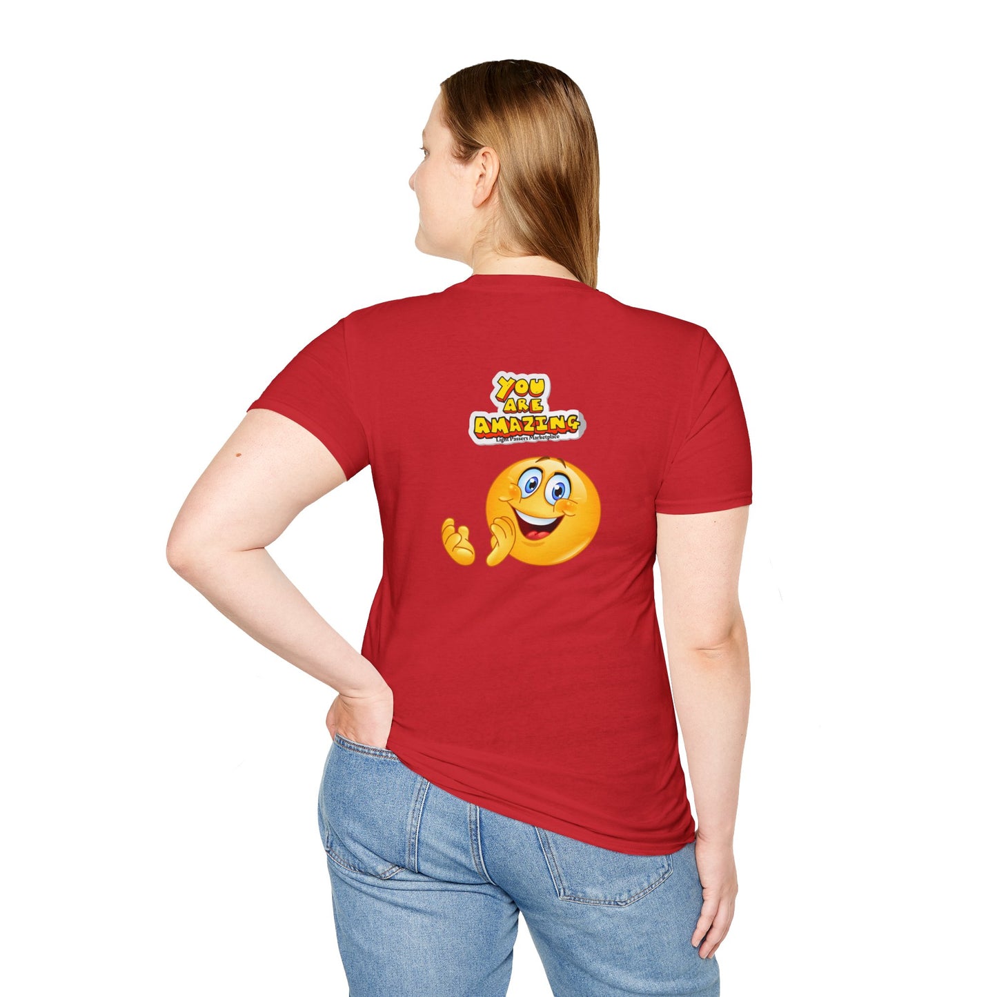 A unisex soft-style t-shirt featuring a woman in a red shirt giving a thumbs-up emoticon. Made from 100% ring-spun cotton, with twill tape shoulders for durability and a clean crew neckline.