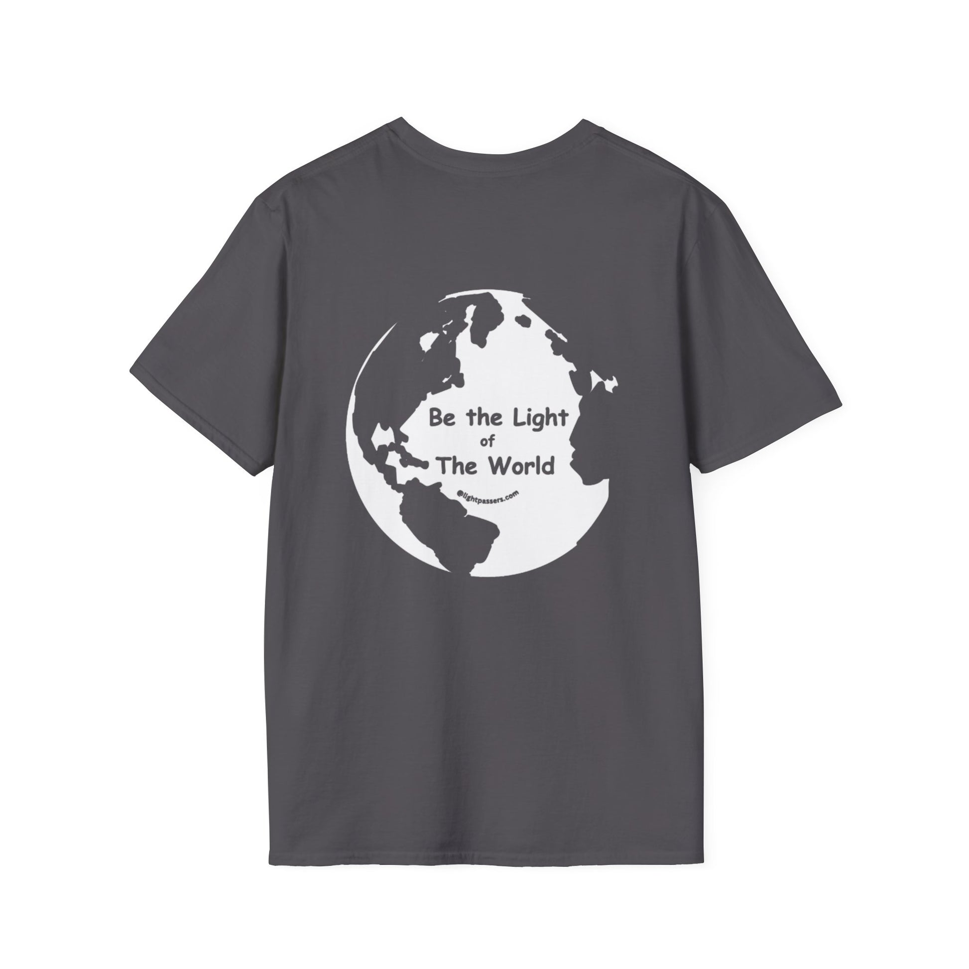 Unisex grey t-shirt back with white design, featuring a circle with black text. Heavy cotton tee with smooth surface for vivid printing. No side seams for comfort.