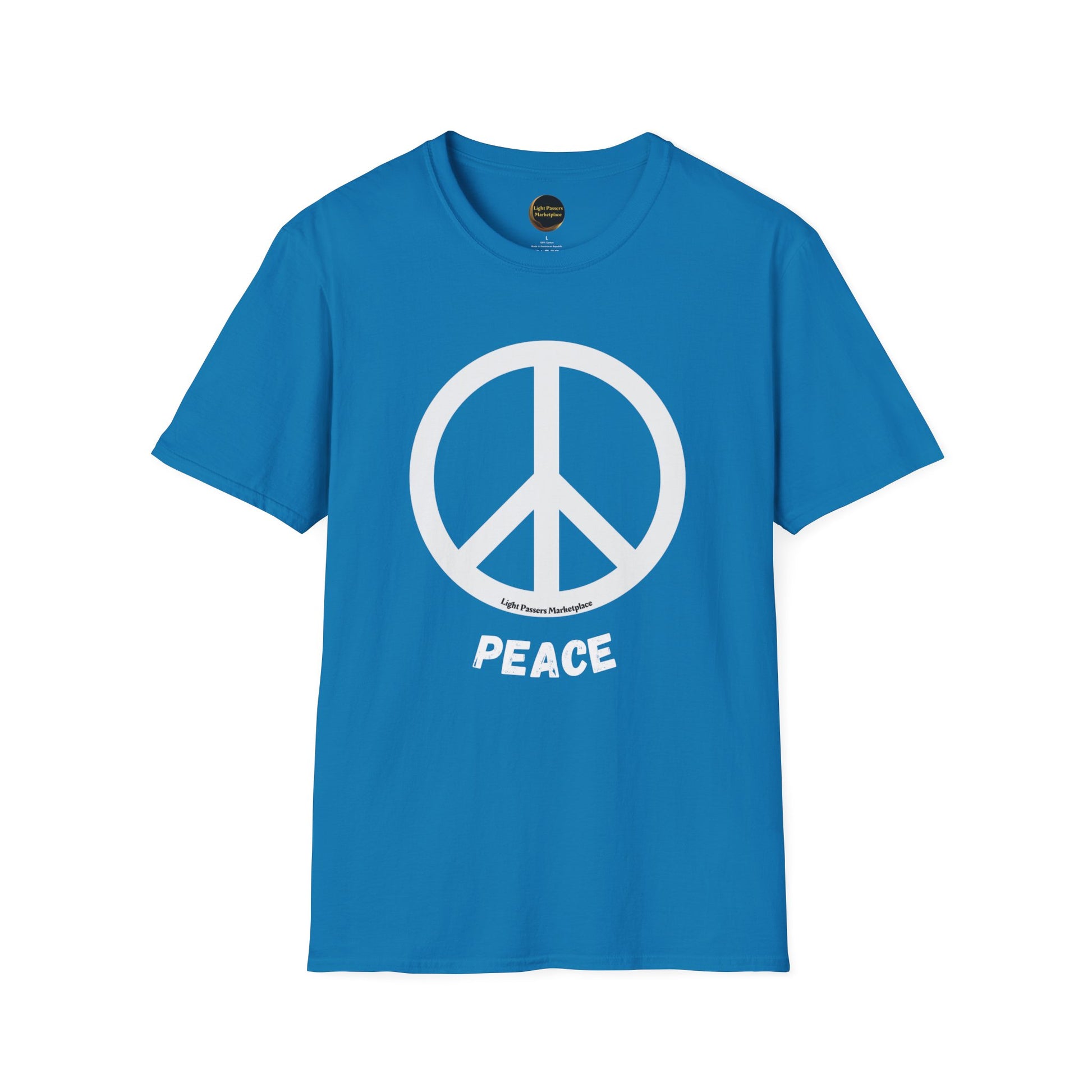 Unisex soft-style t-shirt featuring a peace sign logo on a blue shirt. Made of 100% ring-spun cotton, lightweight and durable with a clean crew neckline. Ethically sourced and Oeko-Tex certified for quality.